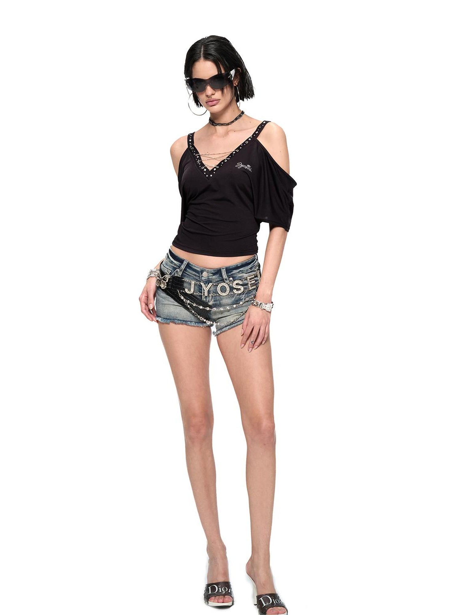 JYOSEI Black Cutout Shoulder V-Neck Batwing Sleeve Top with Studs