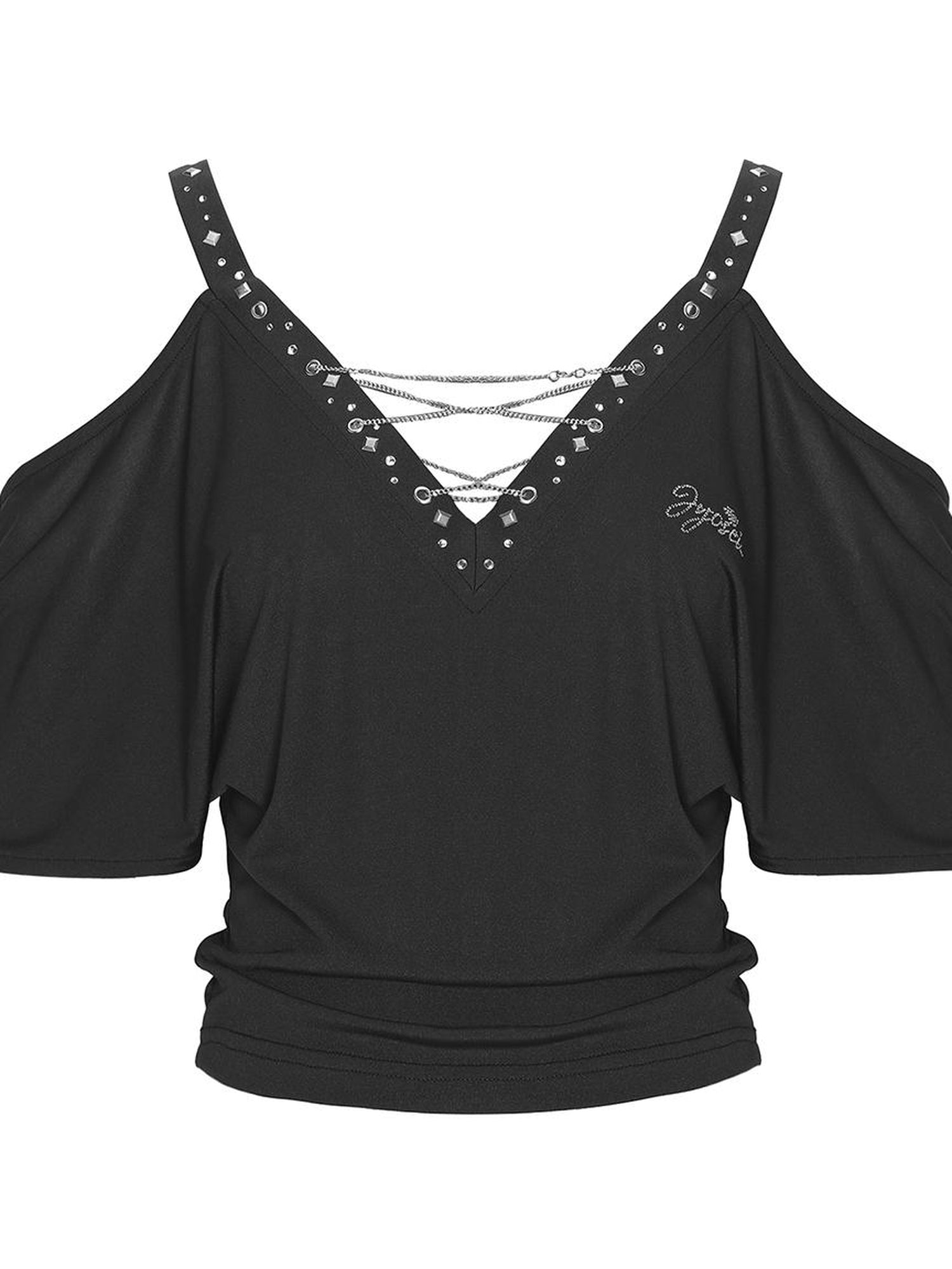 JYOSEI Black Cutout Shoulder V-Neck Batwing Sleeve Top with Studs