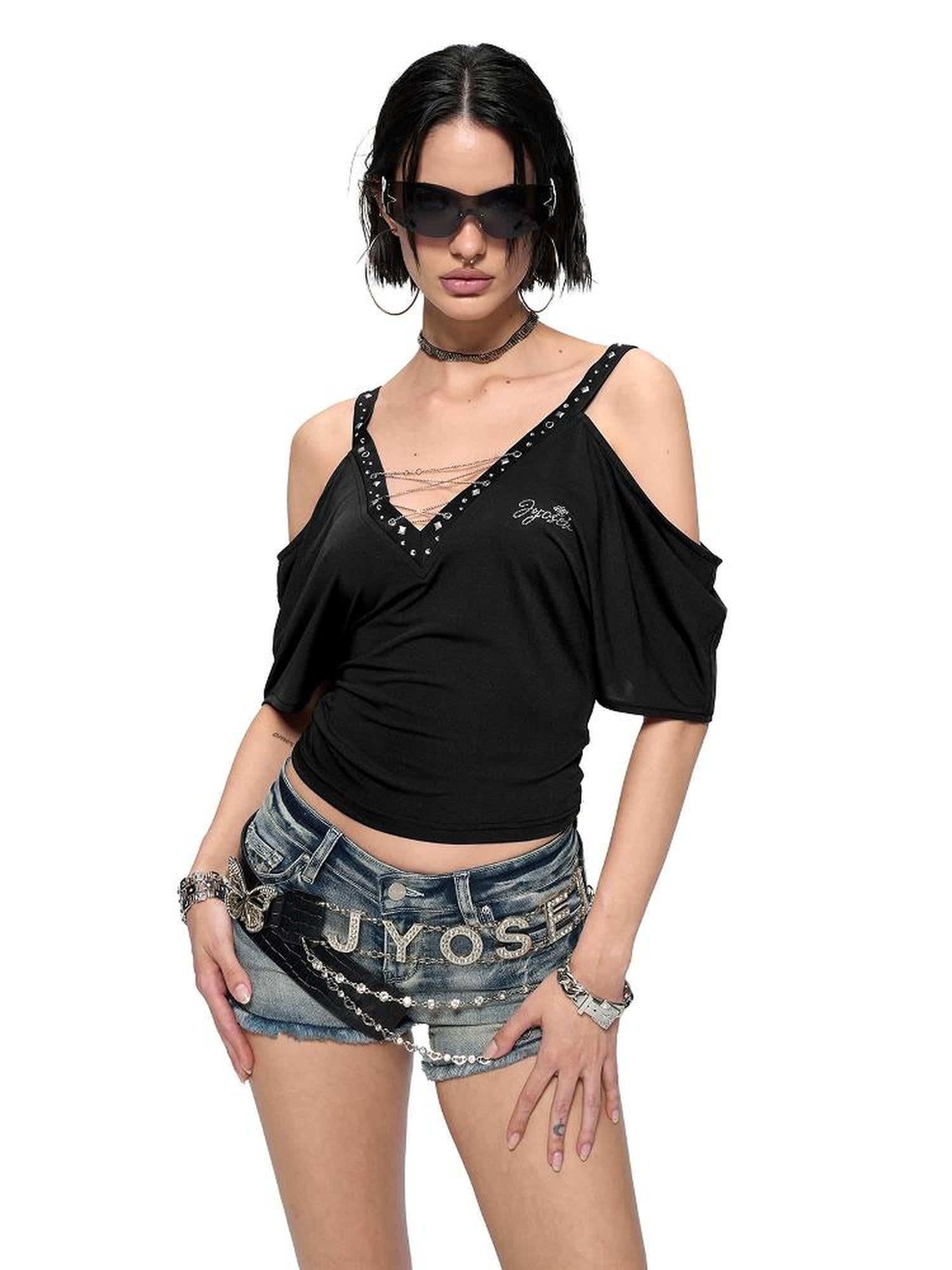 JYOSEI Black Cutout Shoulder V-Neck Batwing Sleeve Top with Studs