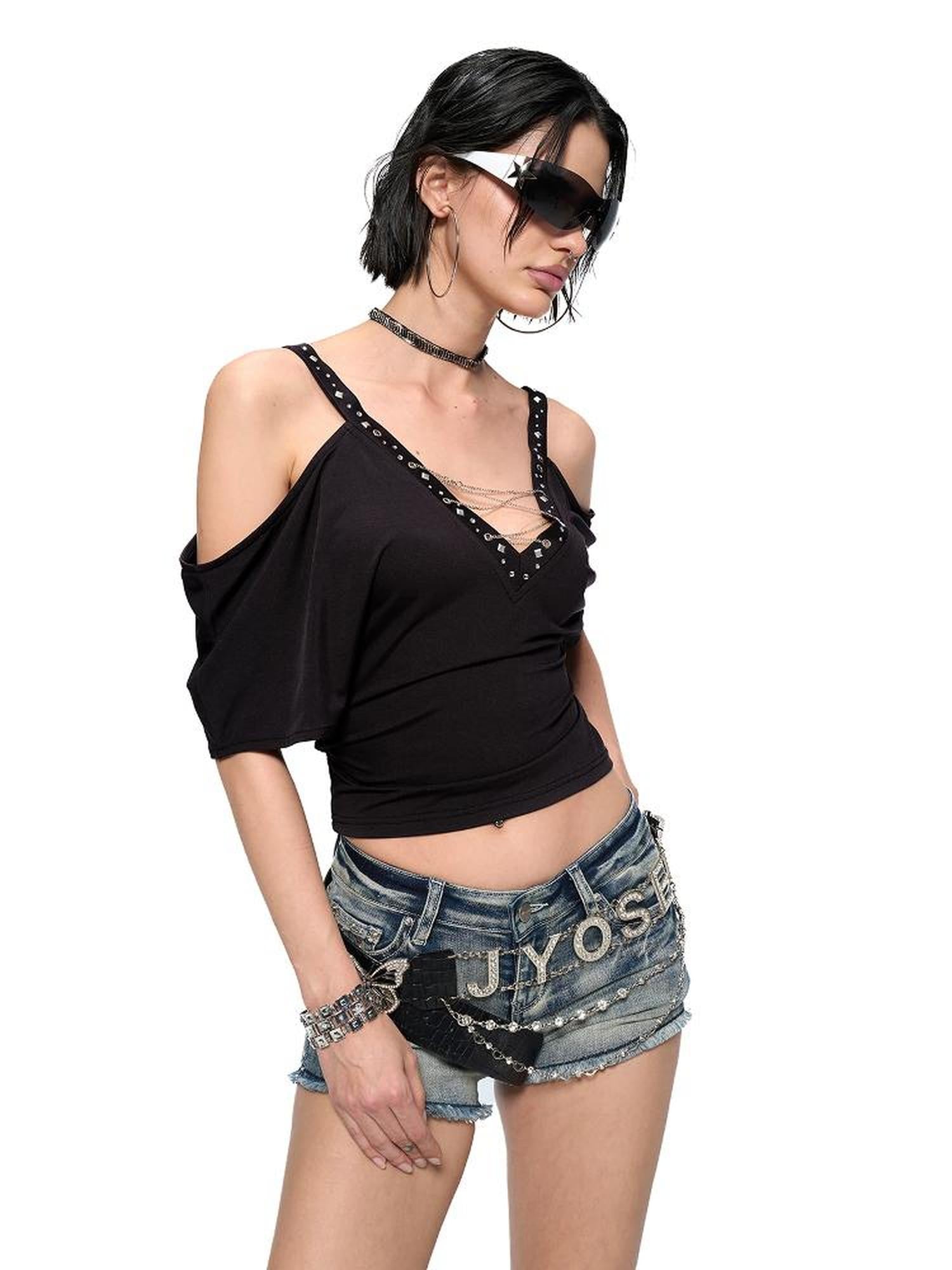JYOSEI Black Cutout Shoulder V-Neck Batwing Sleeve Top with Studs