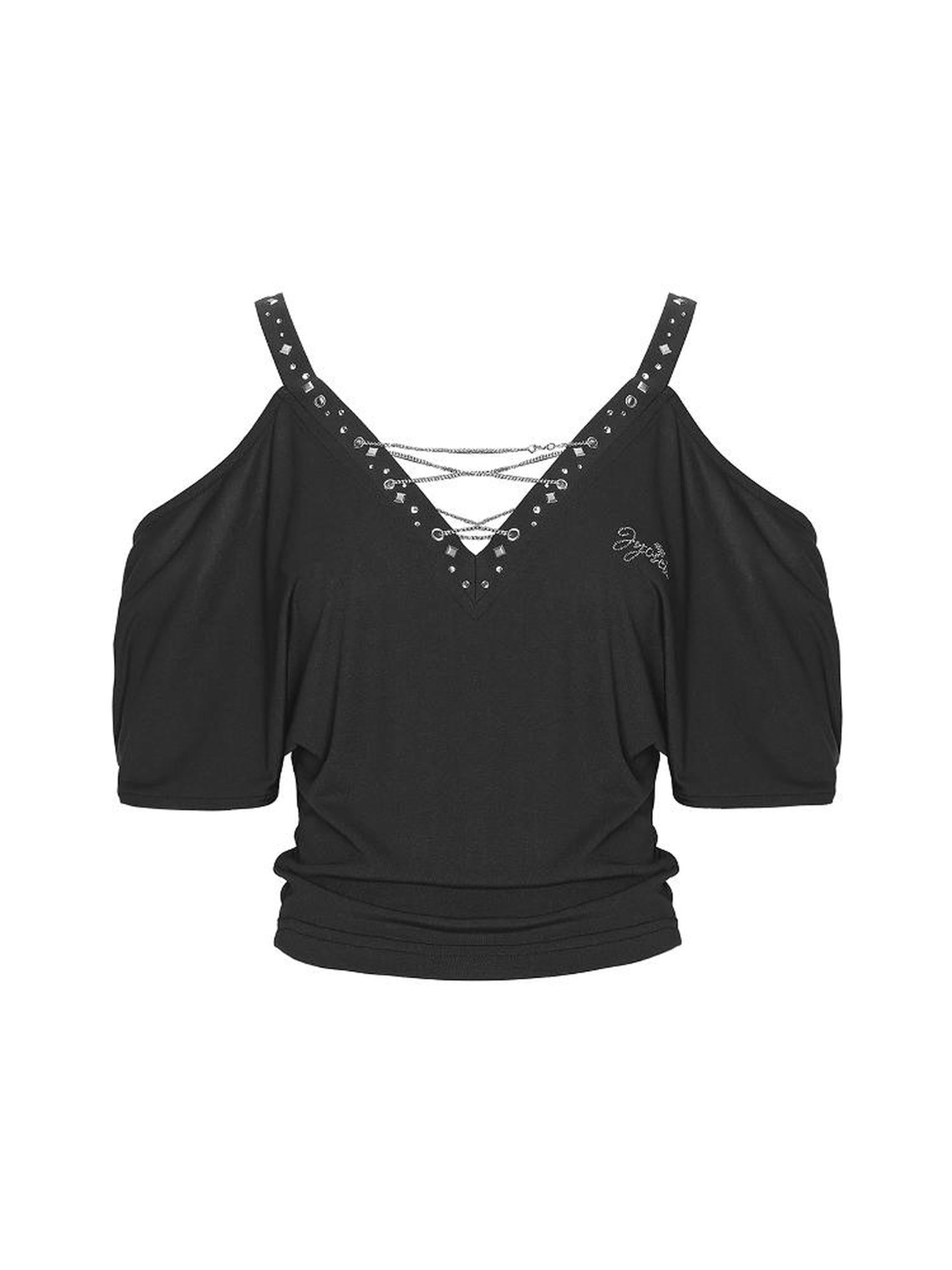 JYOSEI Black Cutout Shoulder V-Neck Batwing Sleeve Top with Studs