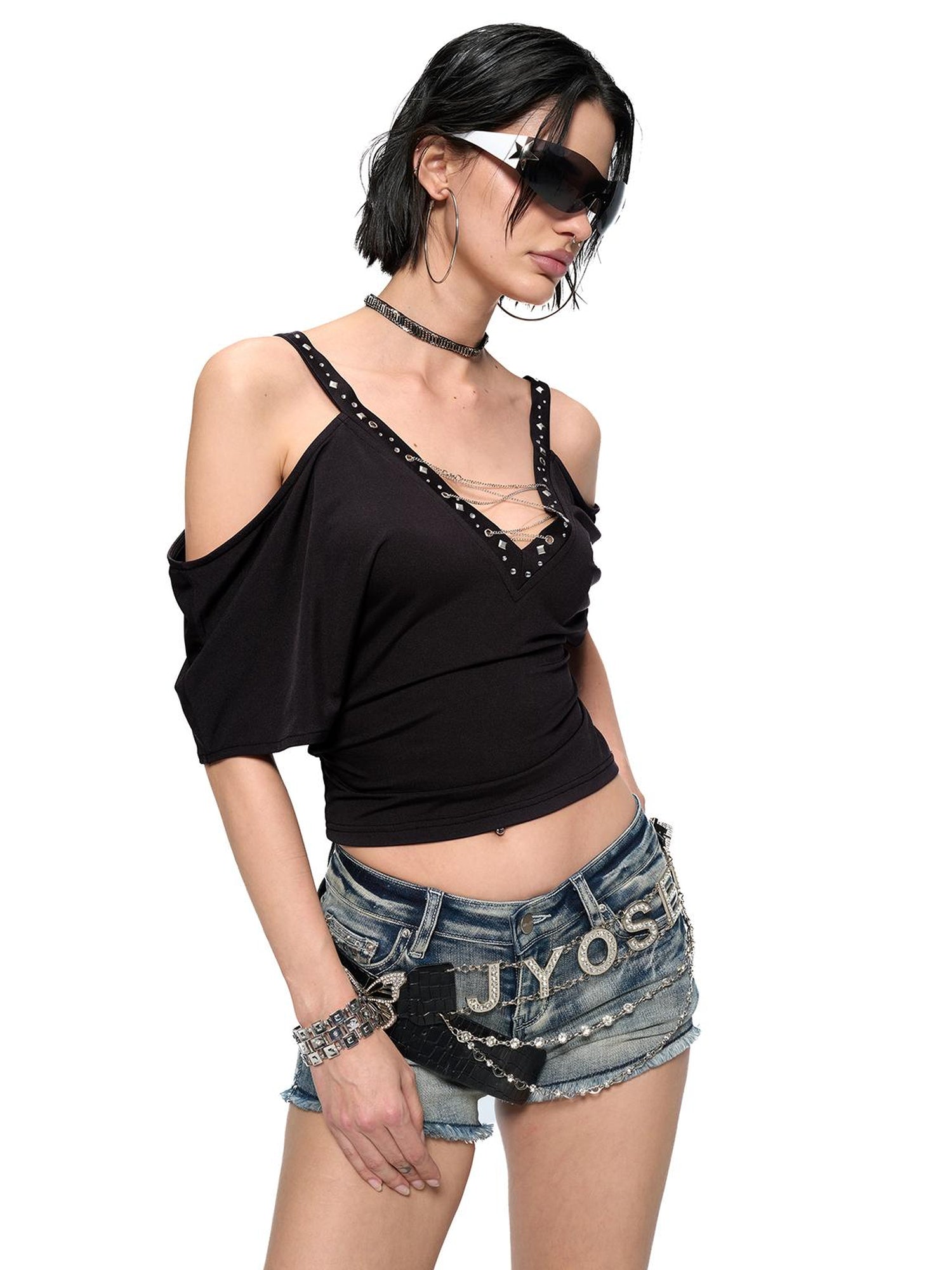JYOSEI Black Cutout Shoulder V-Neck Batwing Sleeve Top with Studs