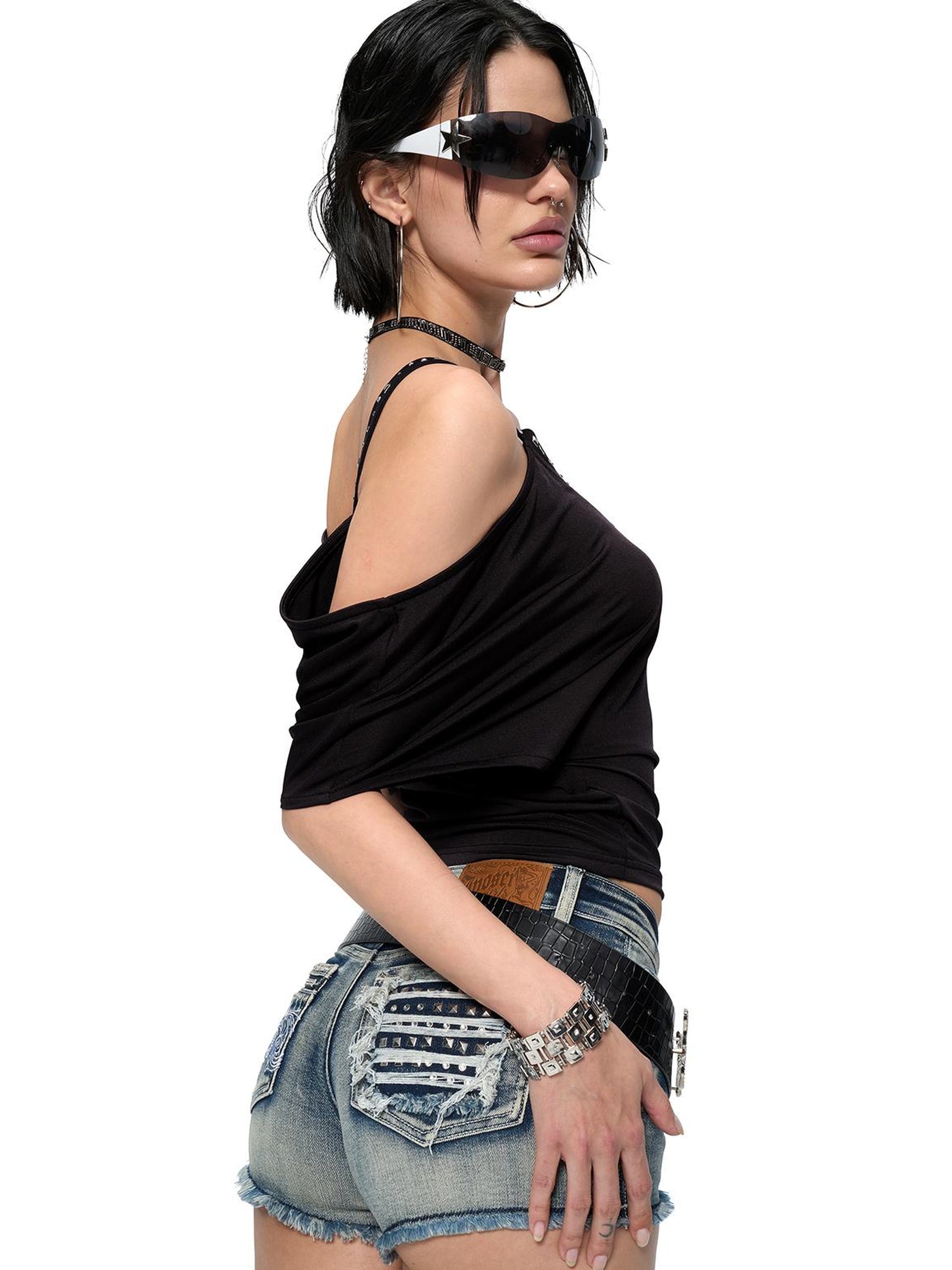 JYOSEI Black Cutout Shoulder V-Neck Batwing Sleeve Top with Studs