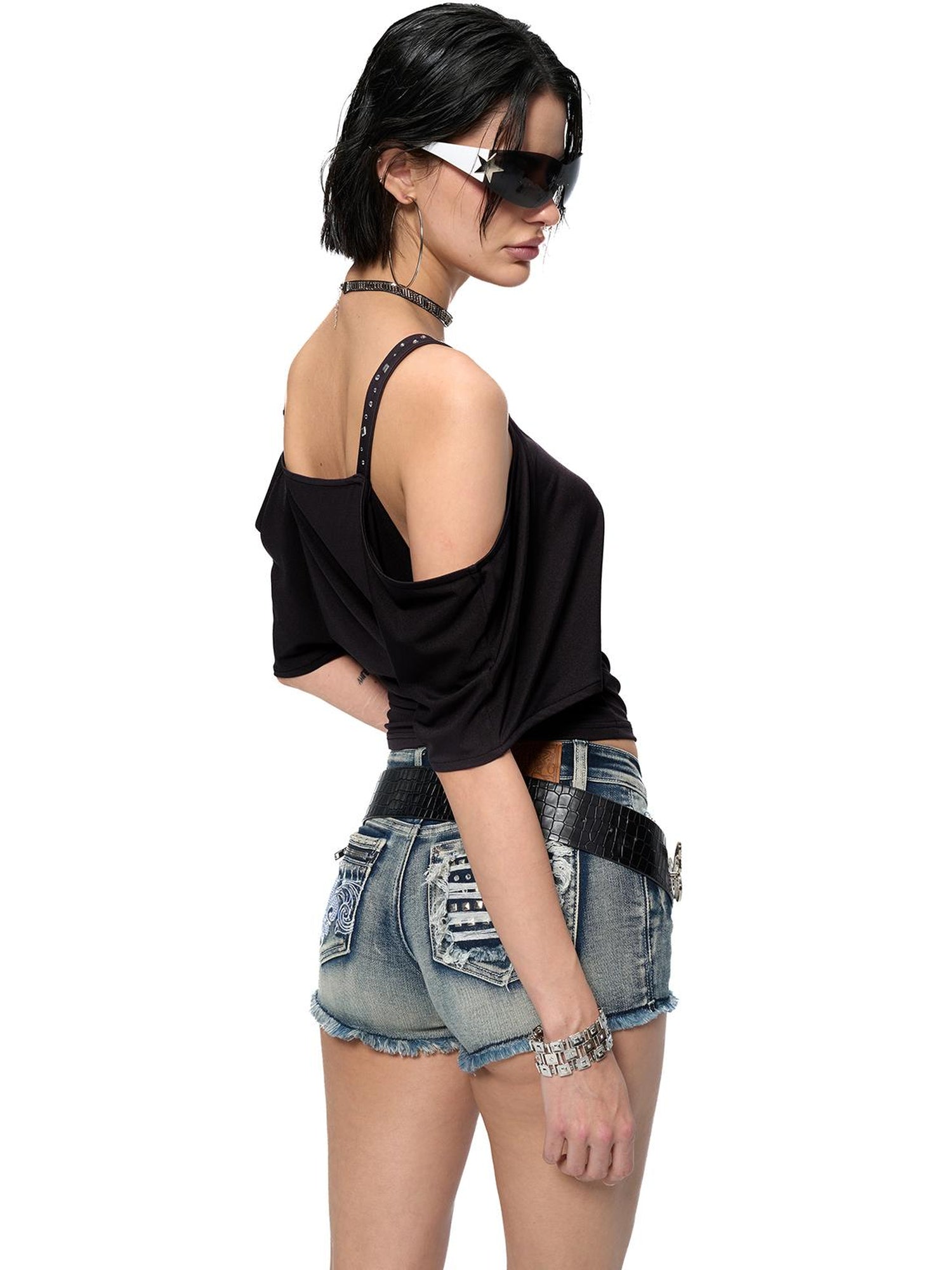 JYOSEI Black Cutout Shoulder V-Neck Batwing Sleeve Top with Studs