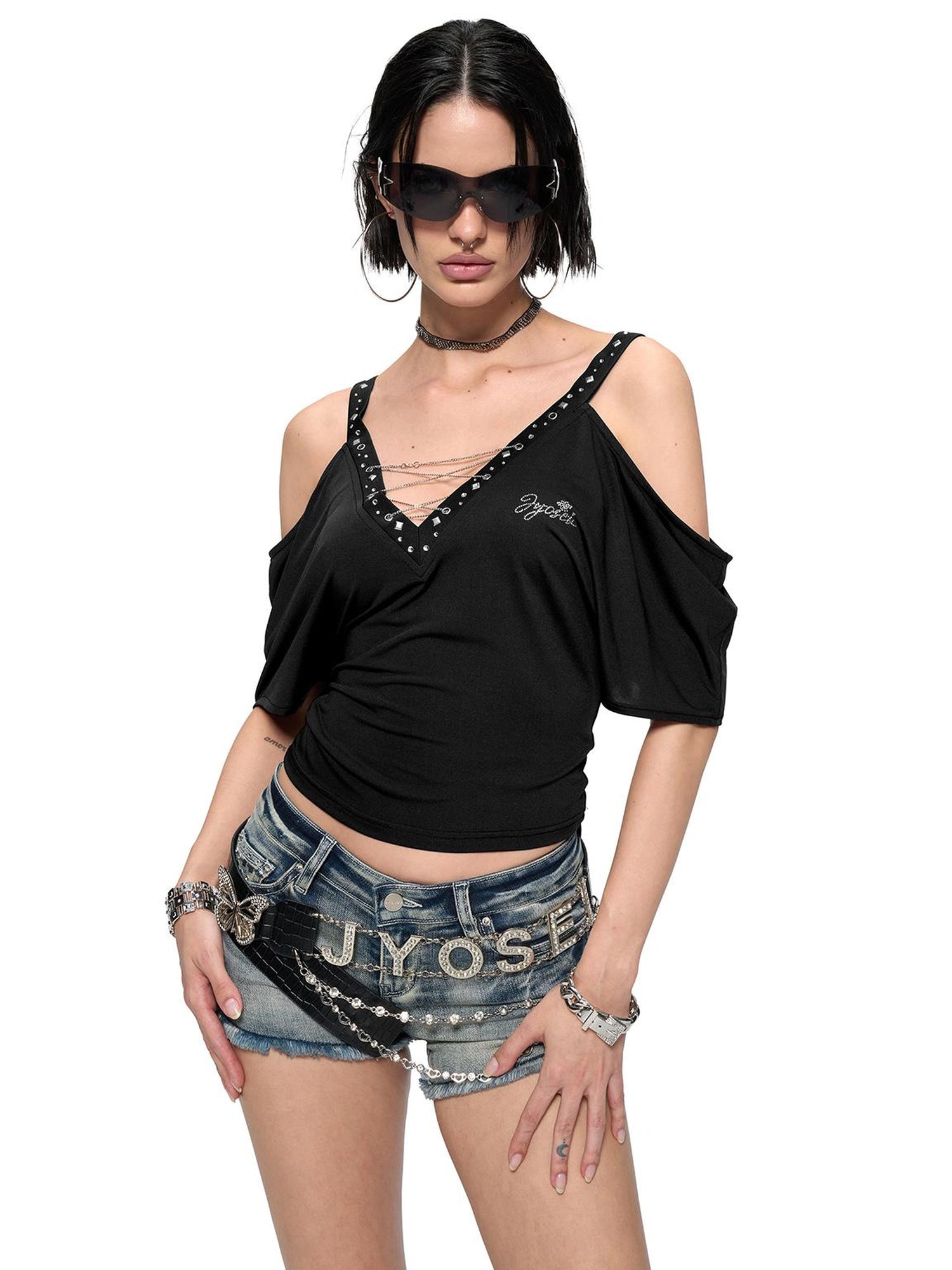 JYOSEI Black Cutout Shoulder V-Neck Batwing Sleeve Top with Studs