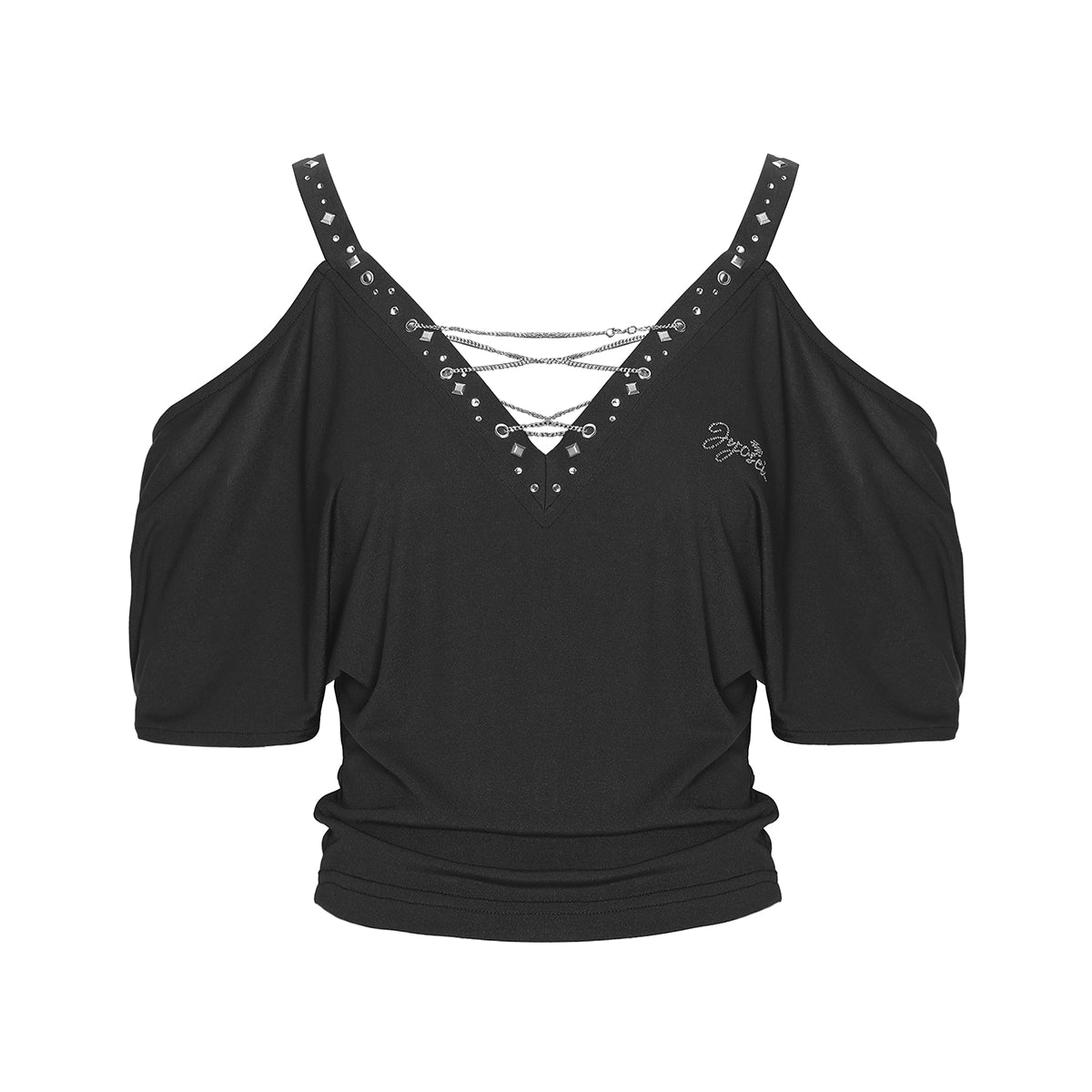 JYOSEI_Black_Cutout_Shoulder_V-Neck_Batwing_Sleeve_Top_with_Studs_MISSTT