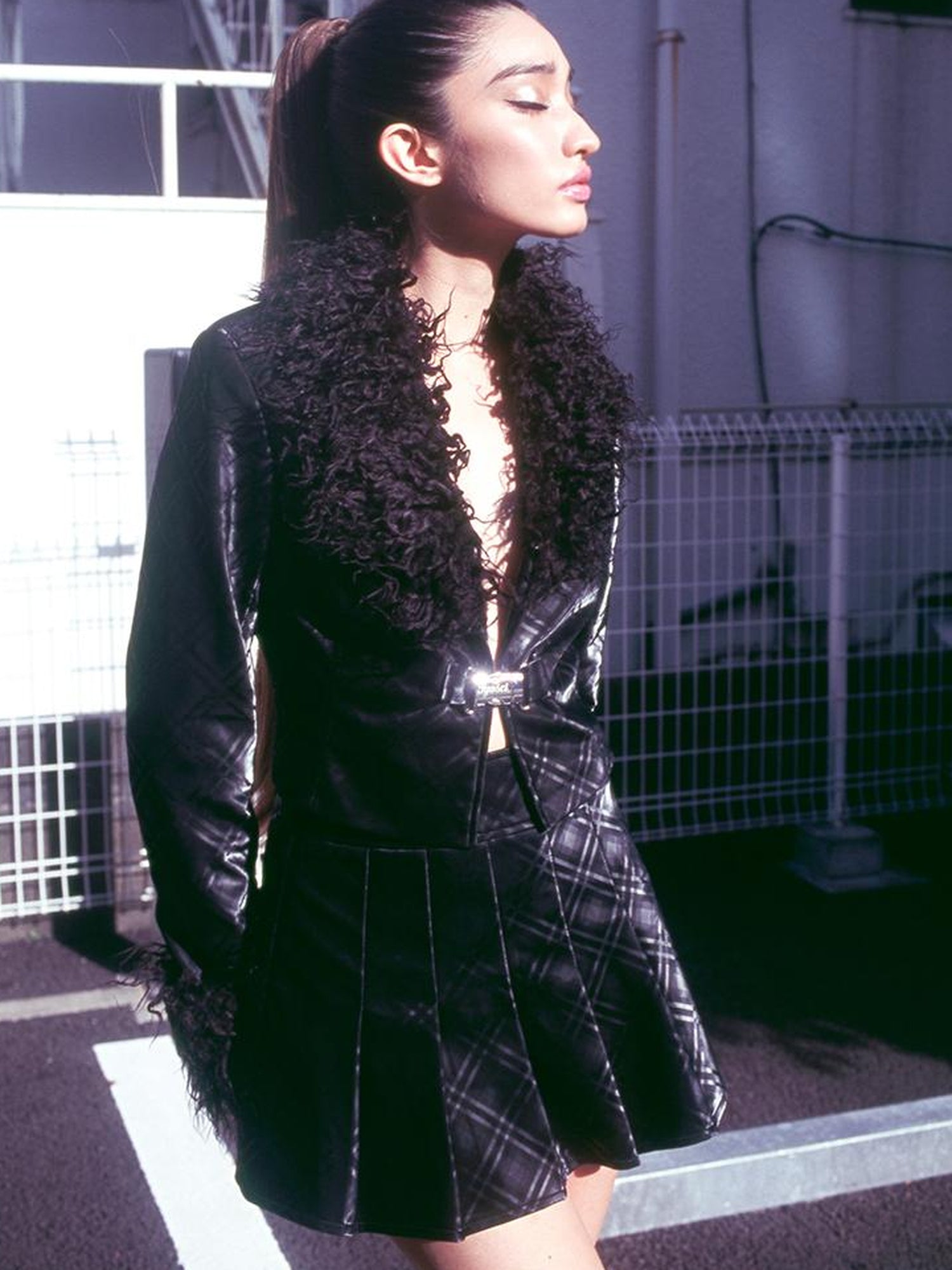 JYOSEI Black Grid Leather Set With Detachable Collar