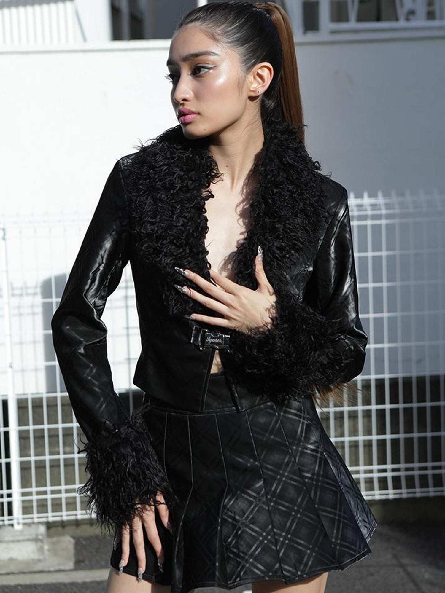 JYOSEI Black Grid Leather Set With Detachable Collar