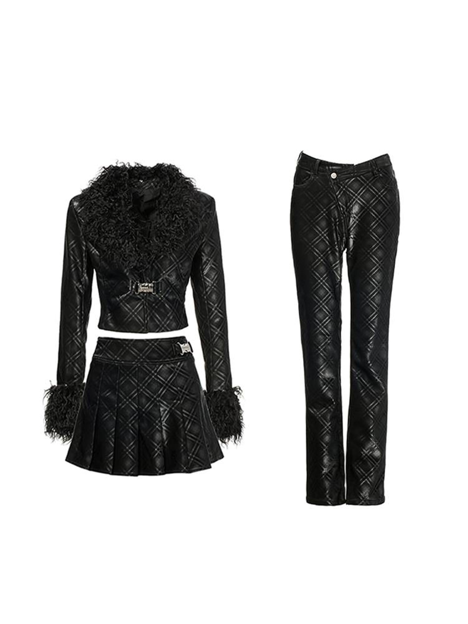 JYOSEI Black Grid Leather Set With Detachable Collar