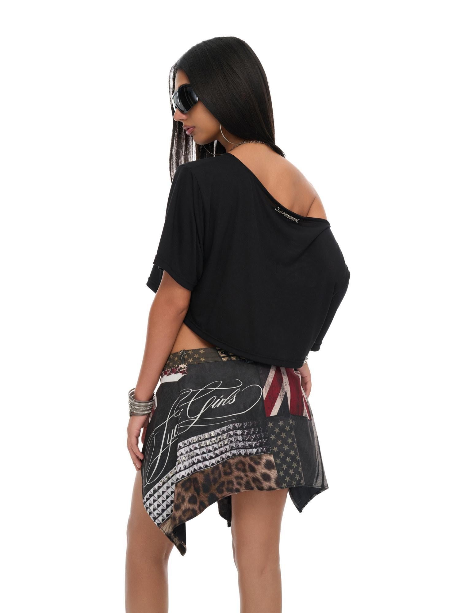 JYOSEI Black Sequin Chain Cutout Asymmetric Loose Women&
