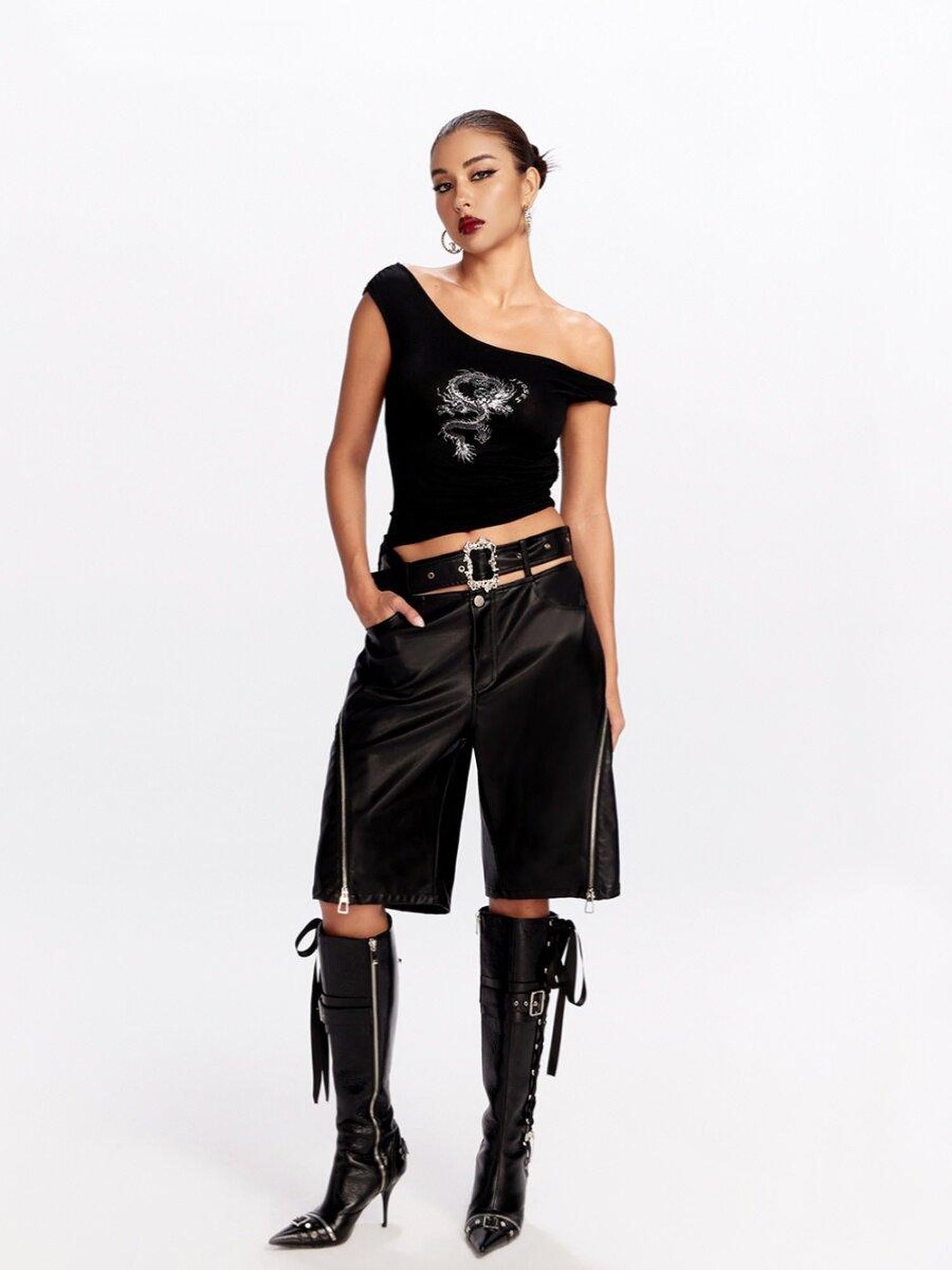 JYOSEI Black Side Zipper Low Waist Belt Straight Leg Women&