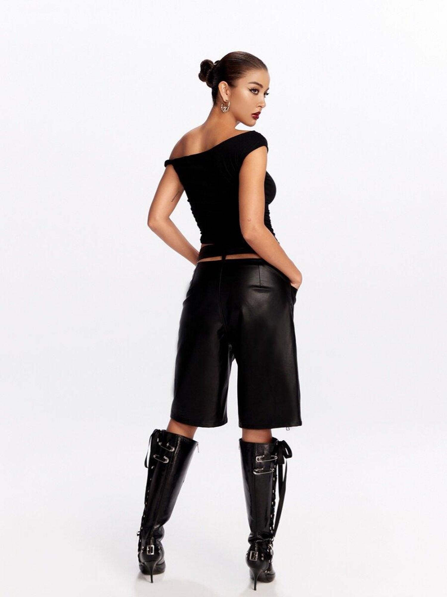 JYOSEI Black Side Zipper Low Waist Belt Straight Leg Women&