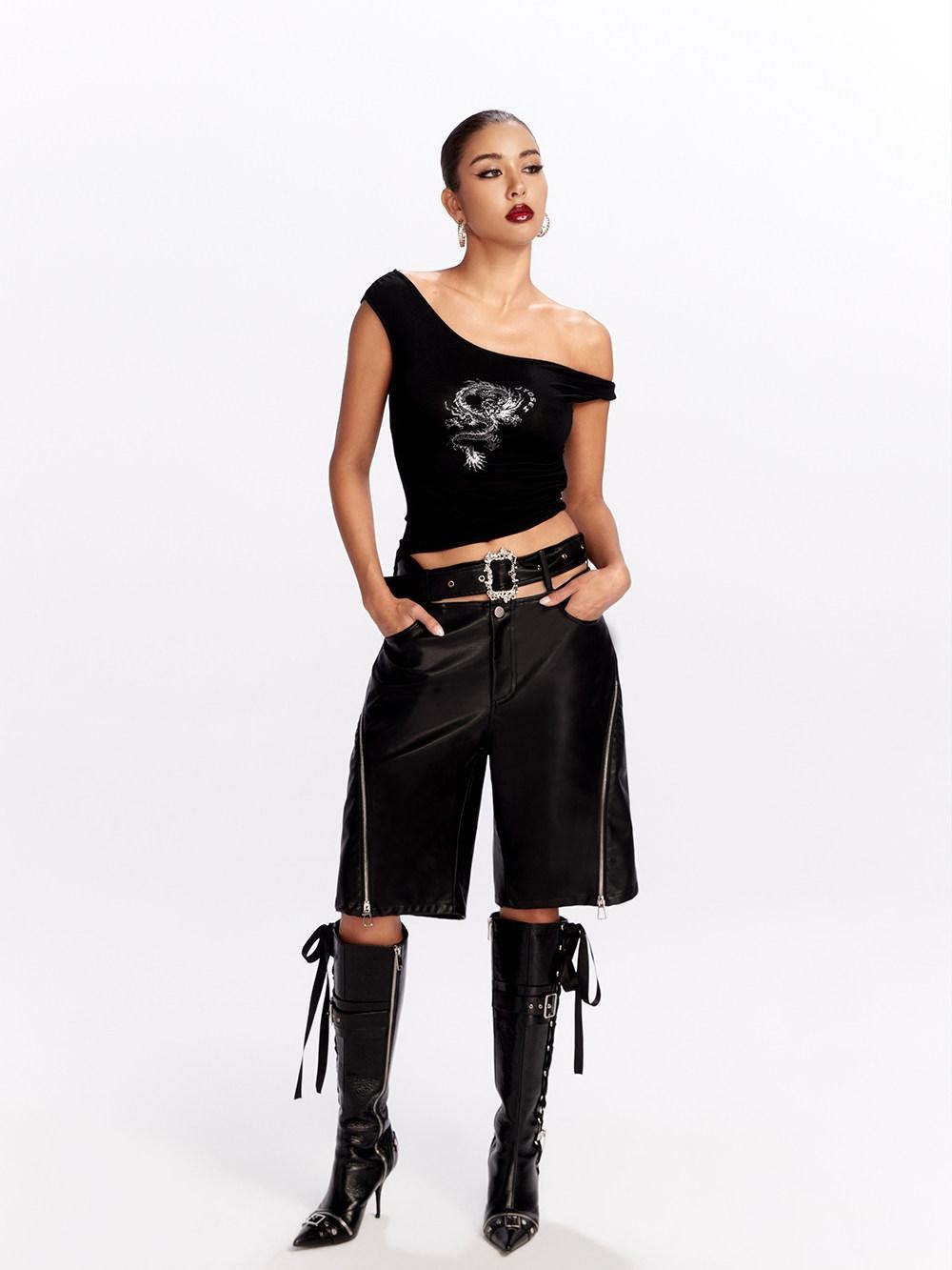 JYOSEI Black Side Zipper Low Waist Belt Straight Leg Women&