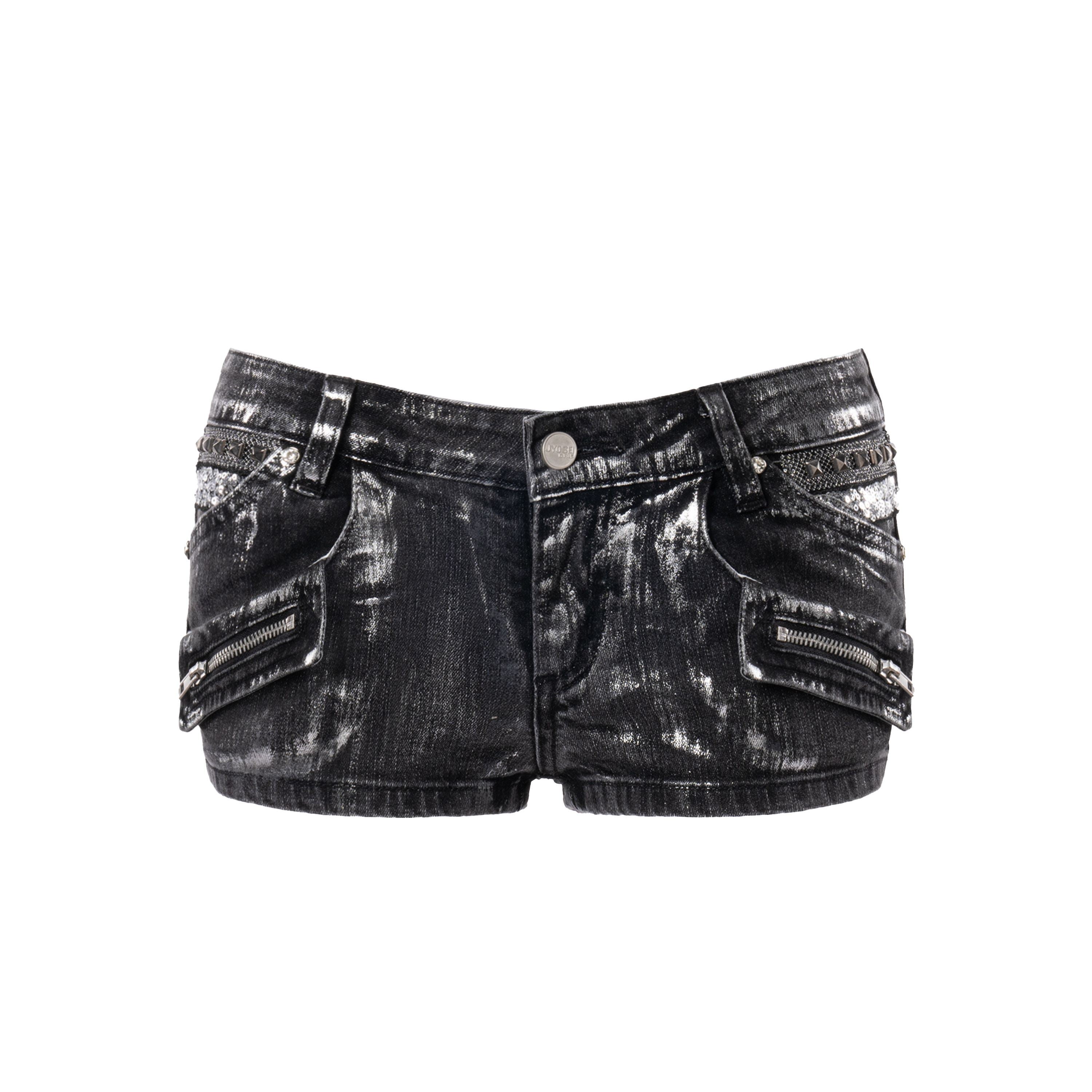 JYOSEI_Black_Silver_Foil_Embroidered_Multi_Pocket_Low_Waist_Women&