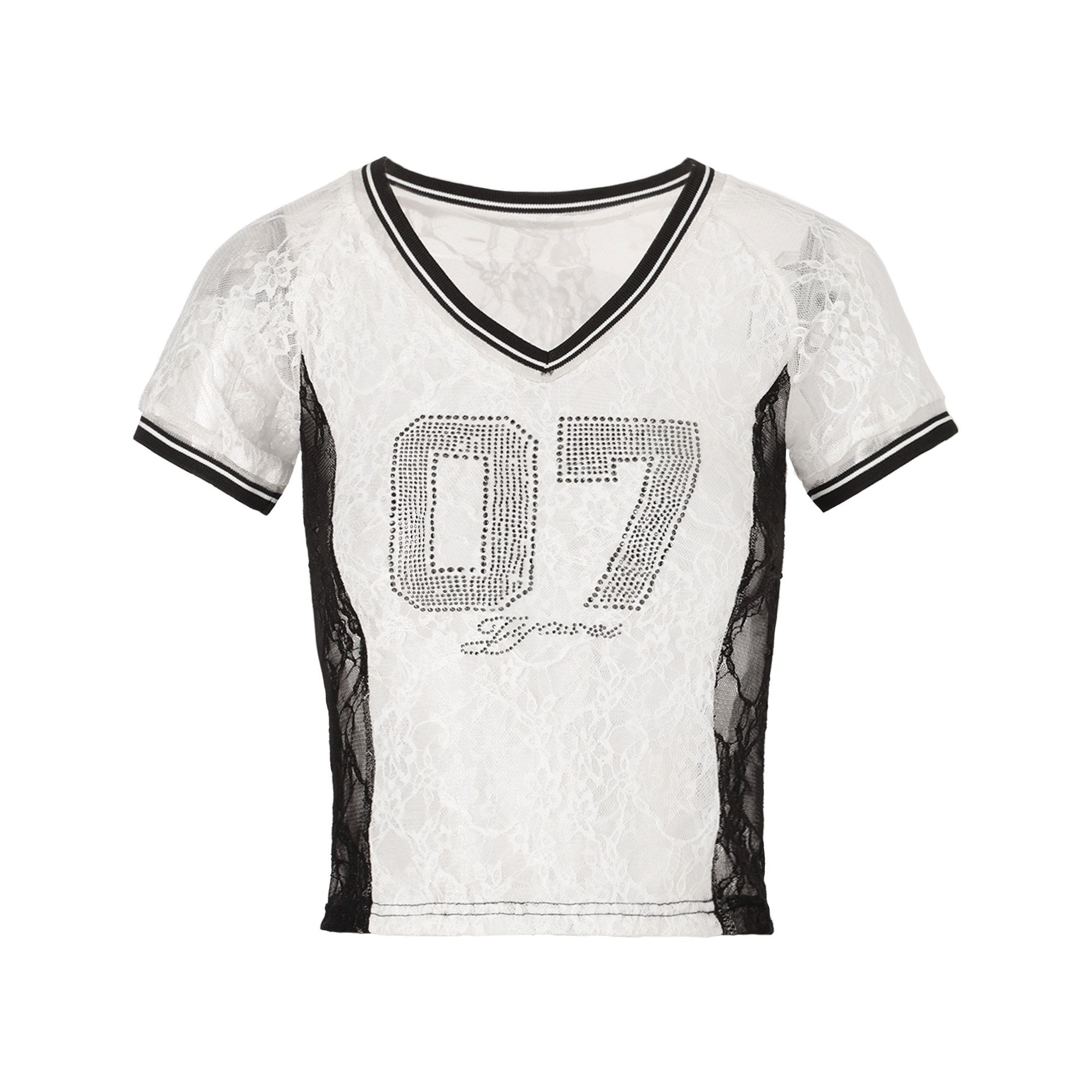 JYOSEI_Black_White_Lace_Splice_Rhinestone_Sheer_V-neck_Women&