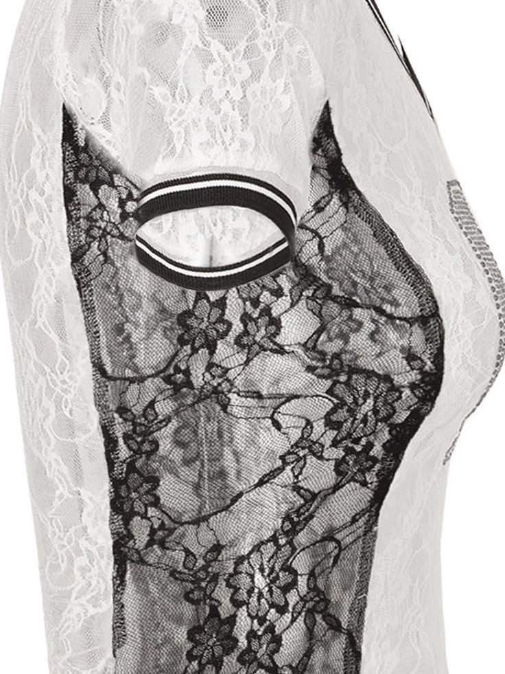 JYOSEI Black White Lace Splice Rhinestone Sheer V-neck Women&