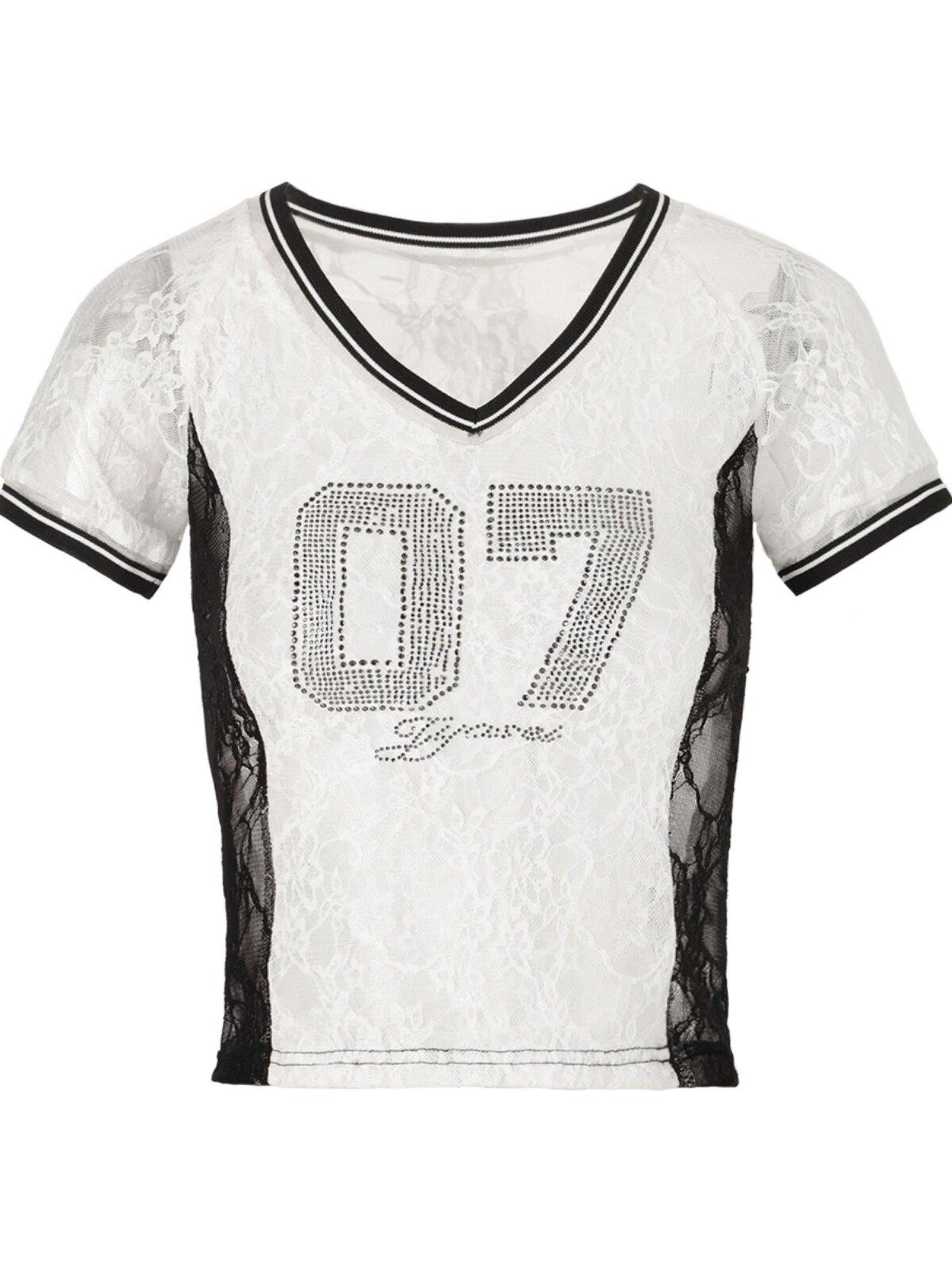 JYOSEI Black White Lace Splice Rhinestone Sheer V-neck Women&