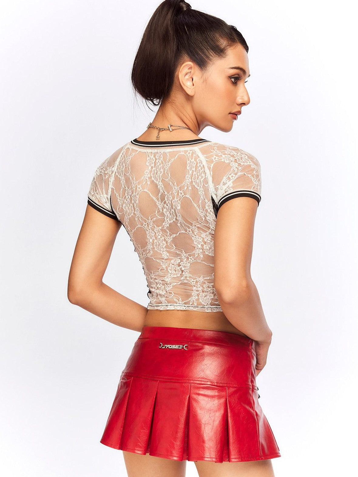 JYOSEI Black White Lace Splice Rhinestone Sheer V-neck Women&
