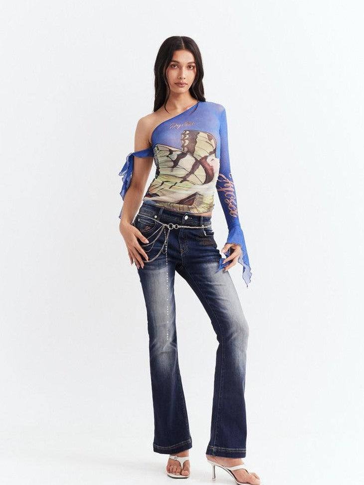 JYOSEI Blue Asymmetrical Mesh Slanted Neck Bell Sleeve Women&