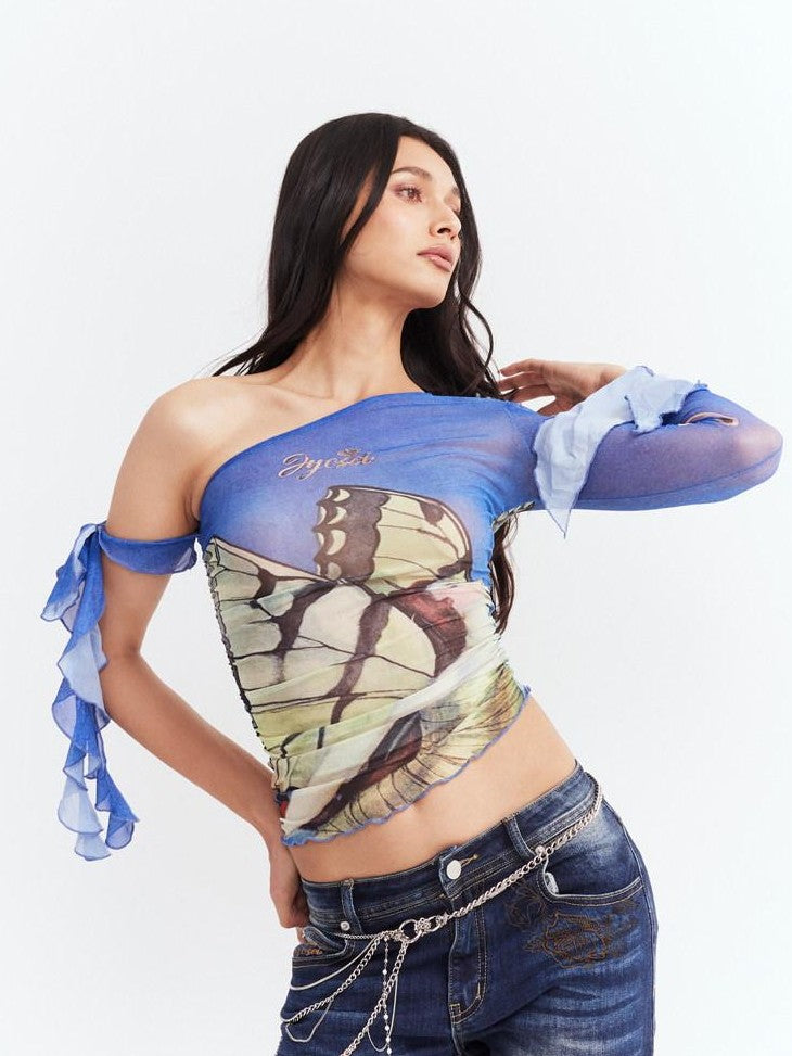 JYOSEI Blue Asymmetrical Mesh Slanted Neck Bell Sleeve Women&