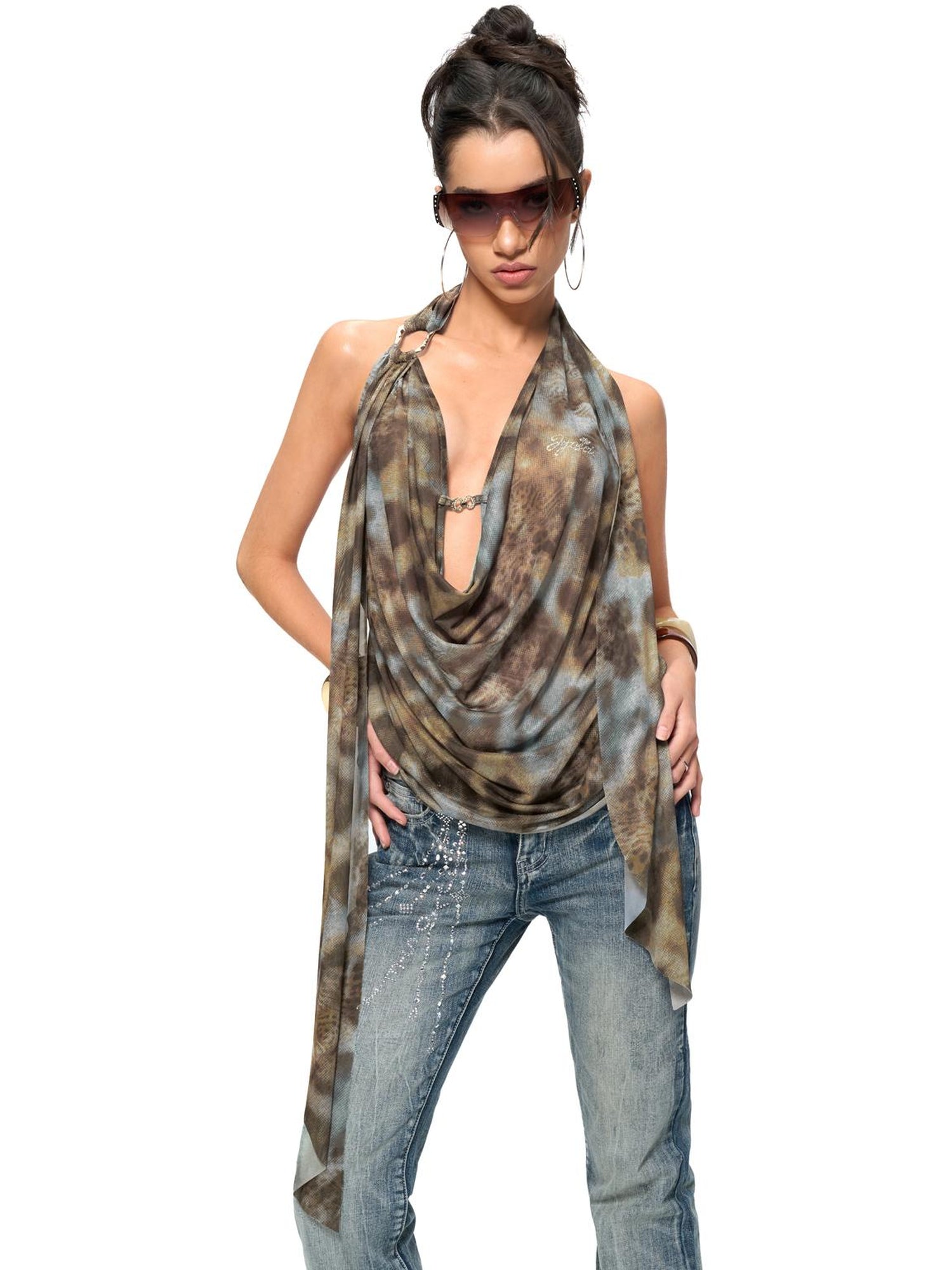 JYOSEI Blue Brown Leopard Print Draped Neckline Low Back Loose Tank Top