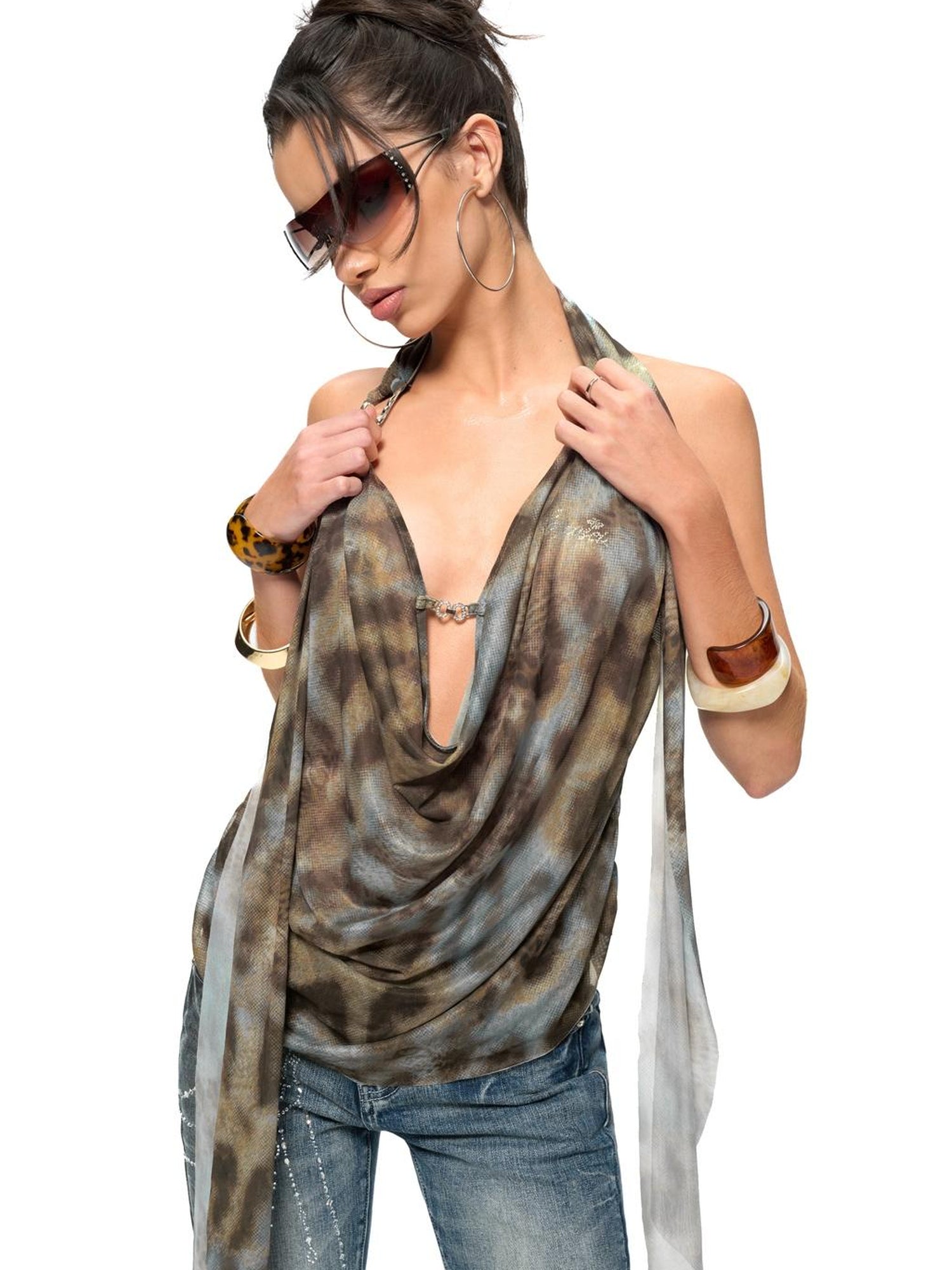 JYOSEI Blue Brown Leopard Print Draped Neckline Low Back Loose Tank Top