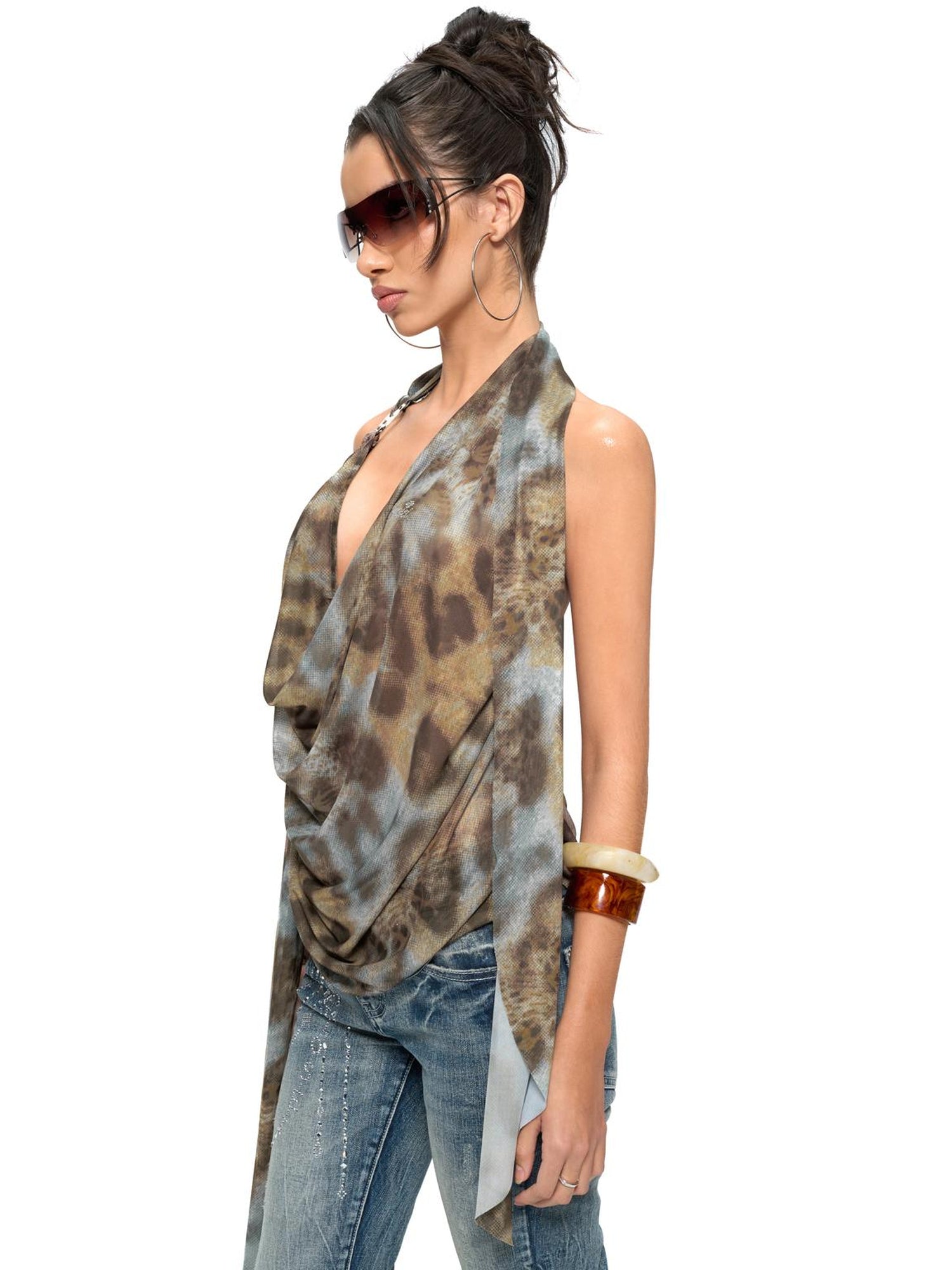 JYOSEI Blue Brown Leopard Print Draped Neckline Low Back Loose Tank Top
