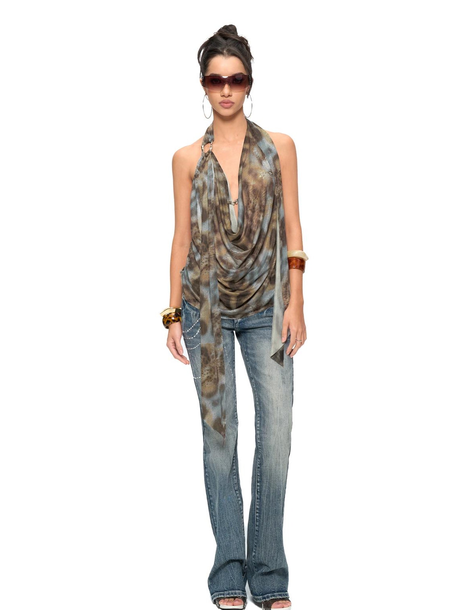 JYOSEI Blue Brown Leopard Print Draped Neckline Low Back Loose Tank Top