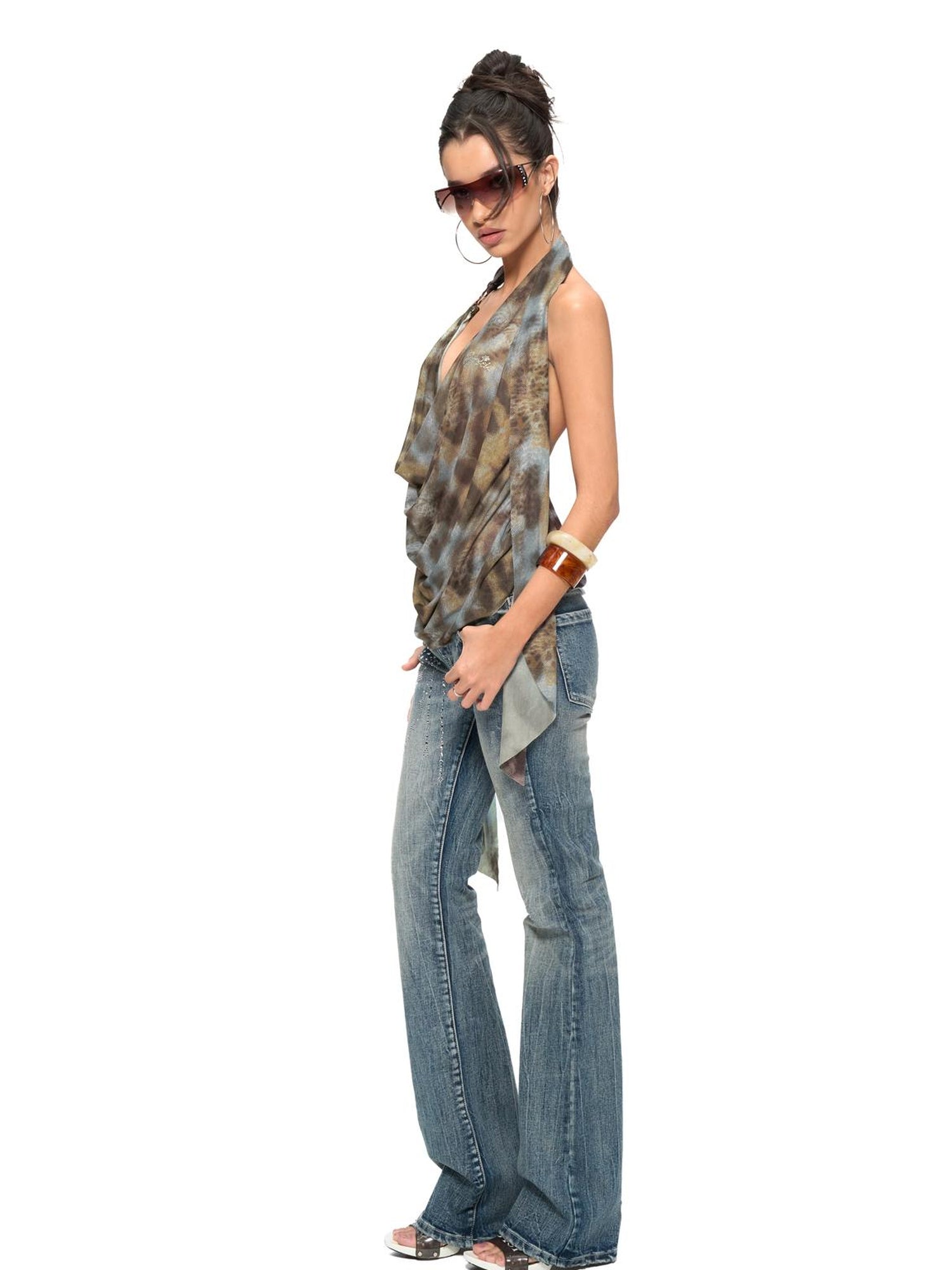 JYOSEI Blue Brown Leopard Print Draped Neckline Low Back Loose Tank Top