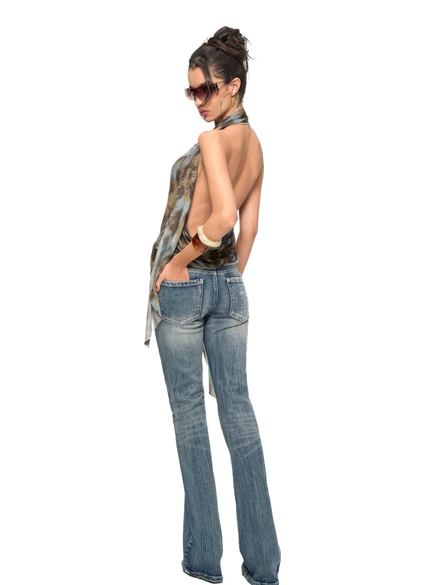 JYOSEI Blue Brown Leopard Print Draped Neckline Low Back Loose Tank Top