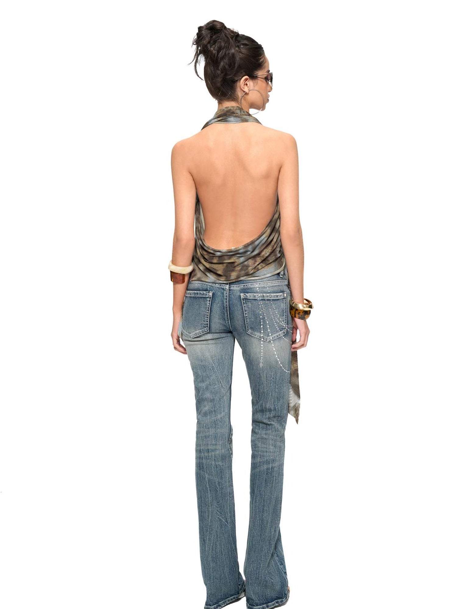 JYOSEI Blue Brown Leopard Print Draped Neckline Low Back Loose Tank Top