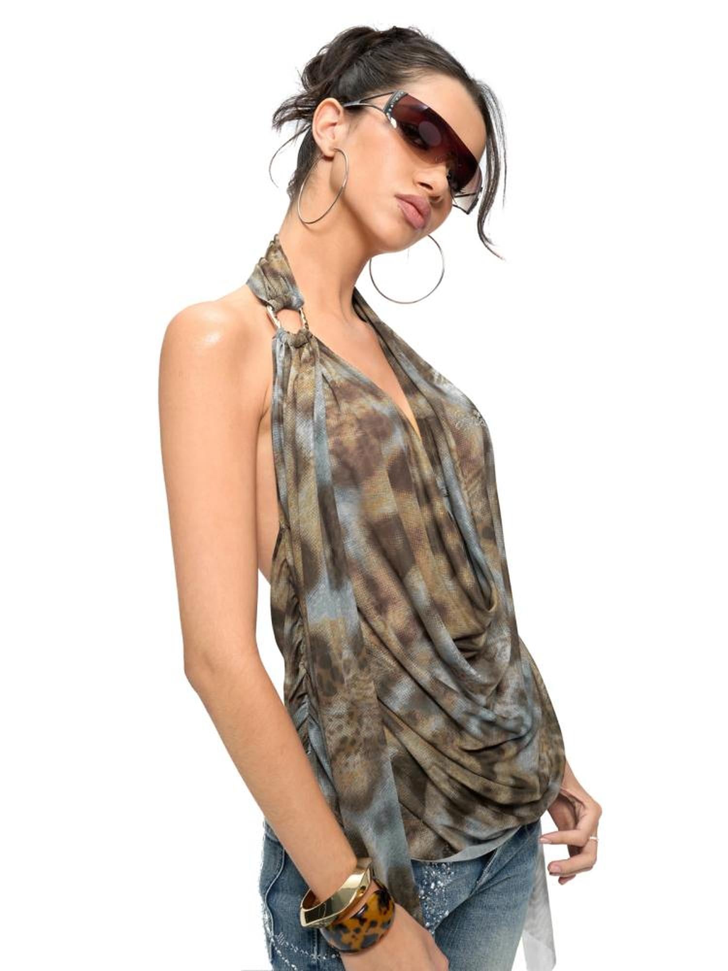 JYOSEI Blue Brown Leopard Print Draped Neckline Low Back Loose Tank Top