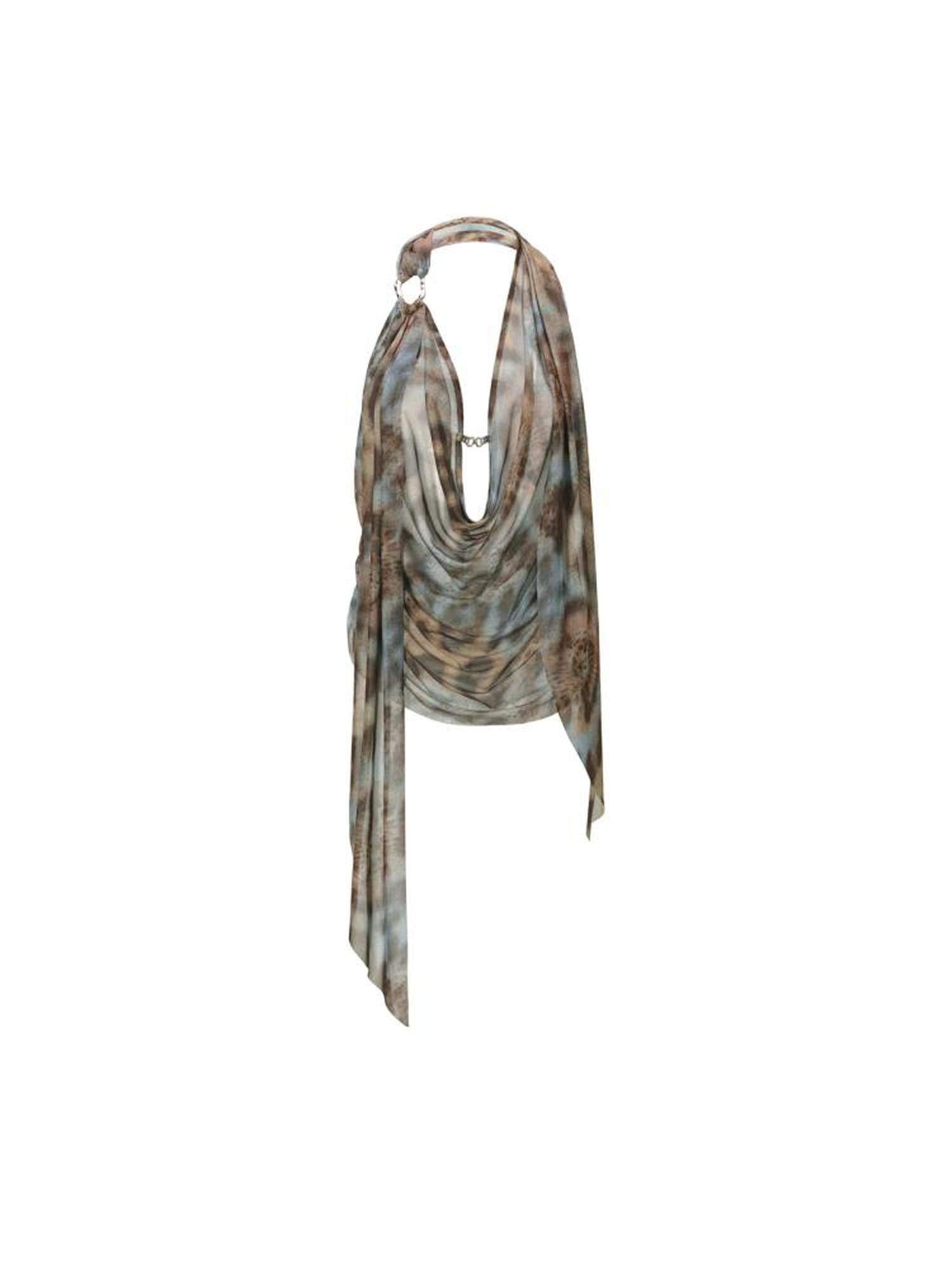 JYOSEI Blue Brown Leopard Print Draped Neckline Low Back Loose Tank Top