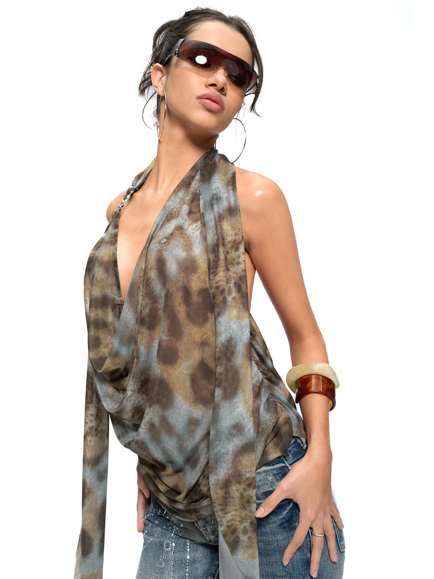 JYOSEI Blue Brown Leopard Print Draped Neckline Low Back Loose Tank Top