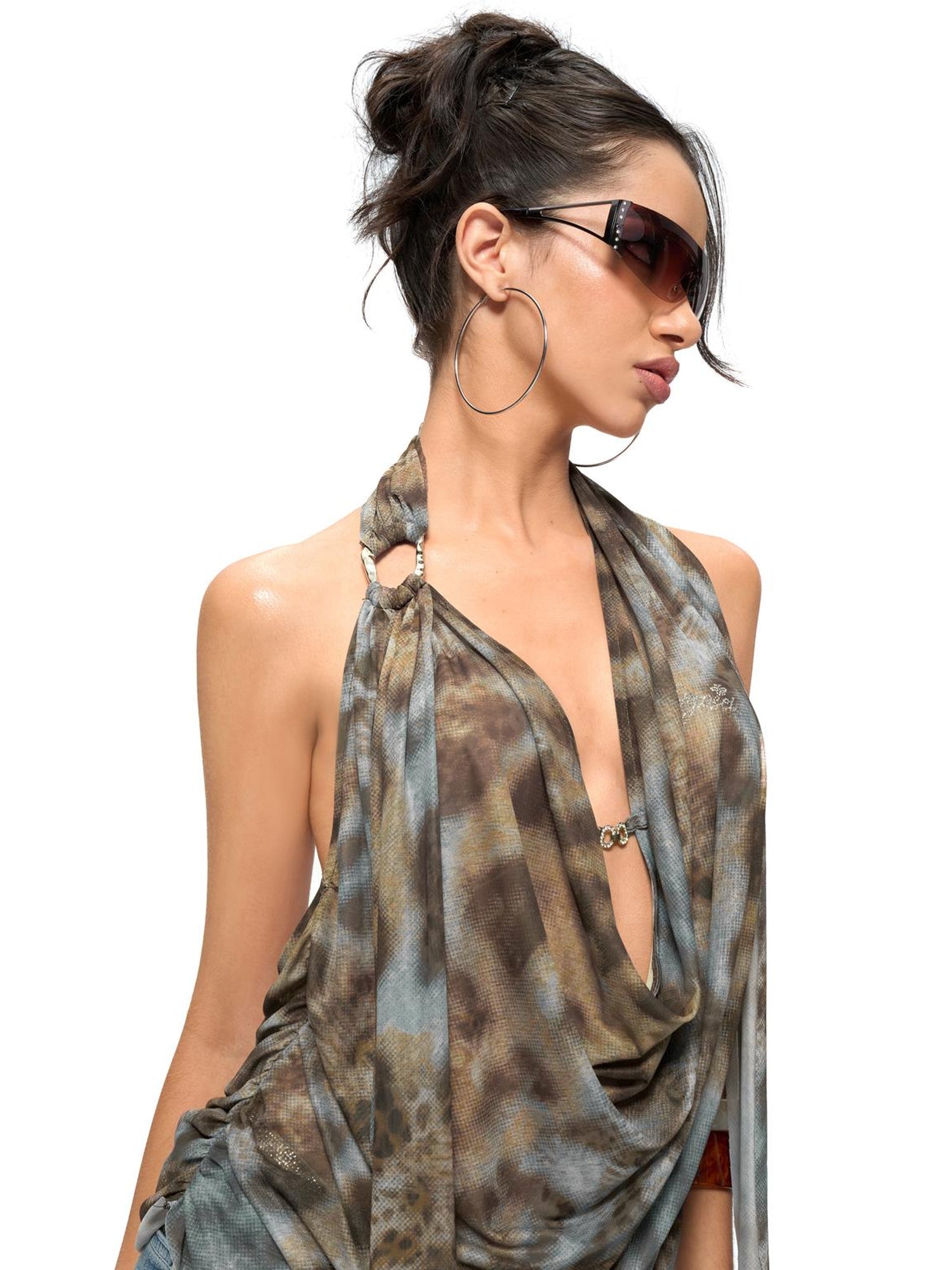 JYOSEI Blue Brown Leopard Print Draped Neckline Low Back Loose Tank Top