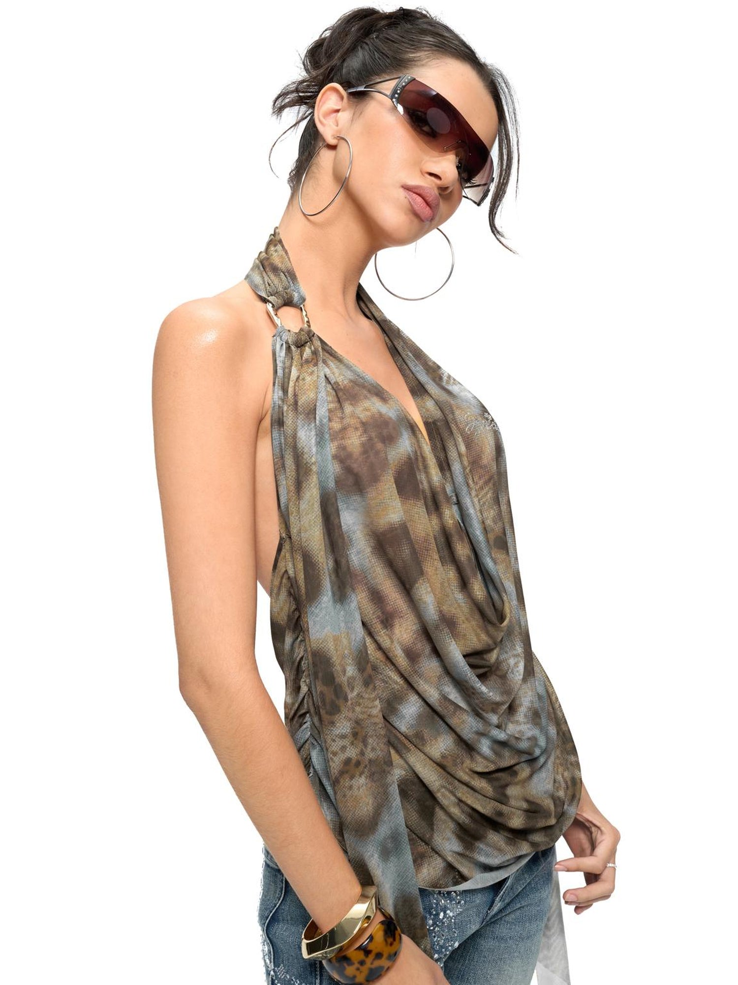 JYOSEI Blue Brown Leopard Print Draped Neckline Low Back Loose Tank Top