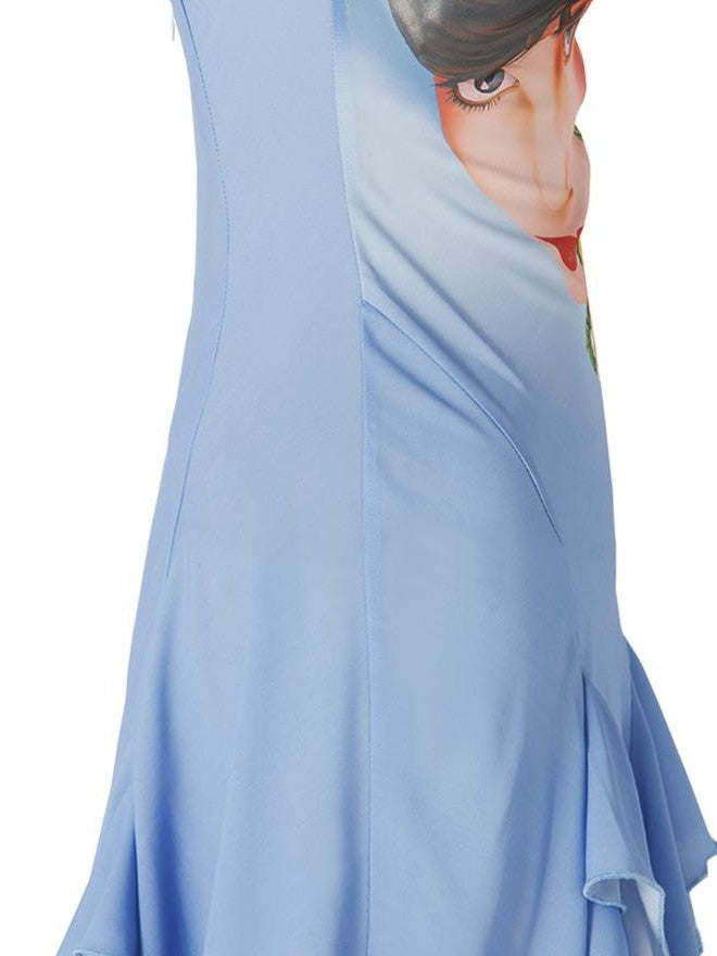 JYOSEI Blue Chiffon Print Cowl Neck Backless Ruffle Women&