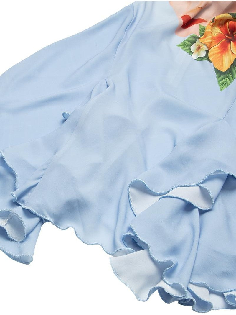 JYOSEI Blue Chiffon Print Cowl Neck Backless Ruffle Women&