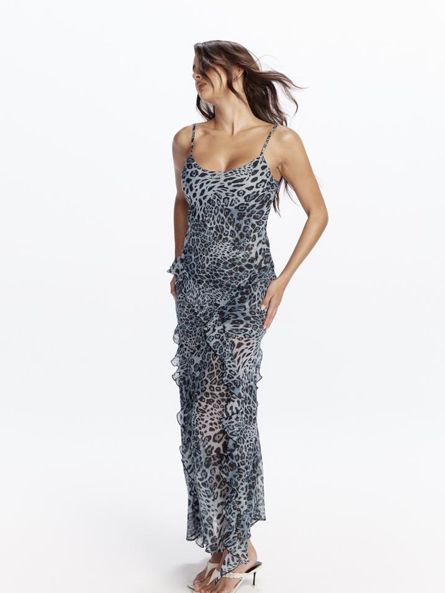 JYOSEI Blue Leopard Print Chiffon Maxi Dress with Flounce Hem