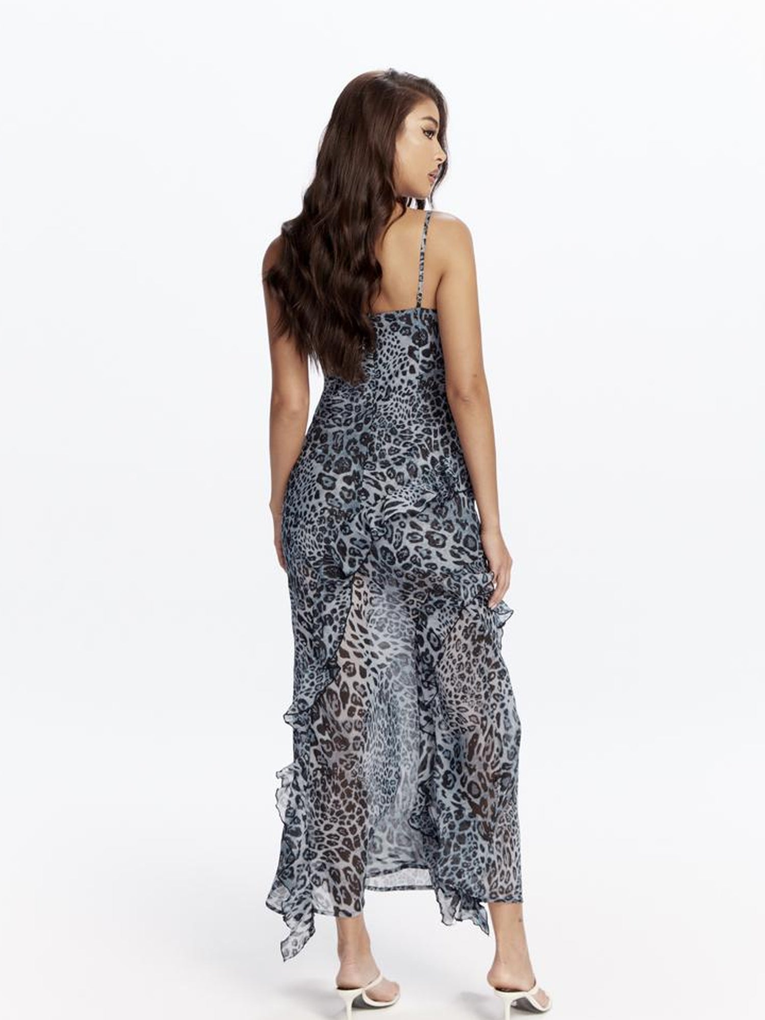 JYOSEI Blue Leopard Print Chiffon Maxi Dress with Flounce Hem