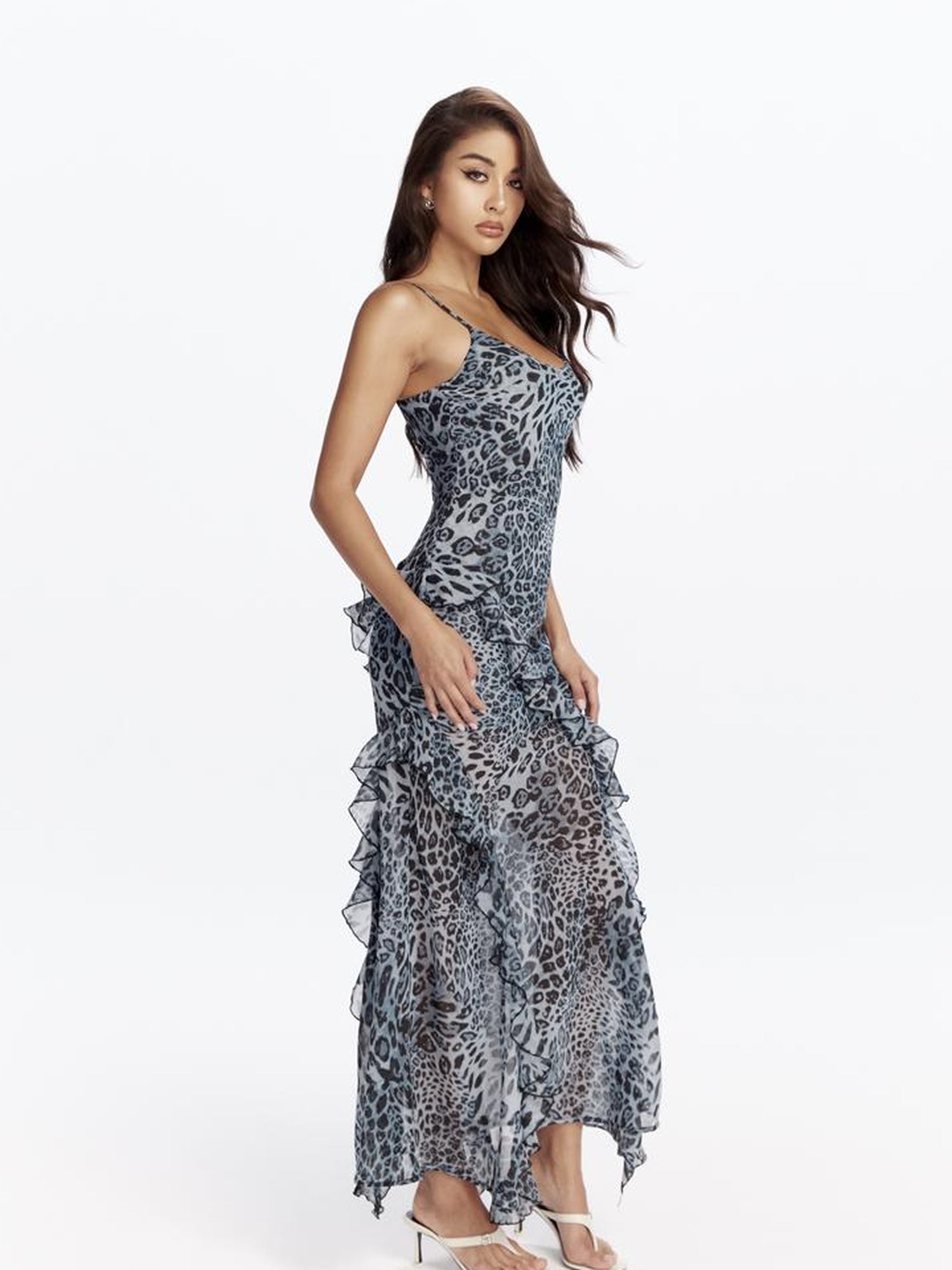 JYOSEI Blue Leopard Print Chiffon Maxi Dress with Flounce Hem