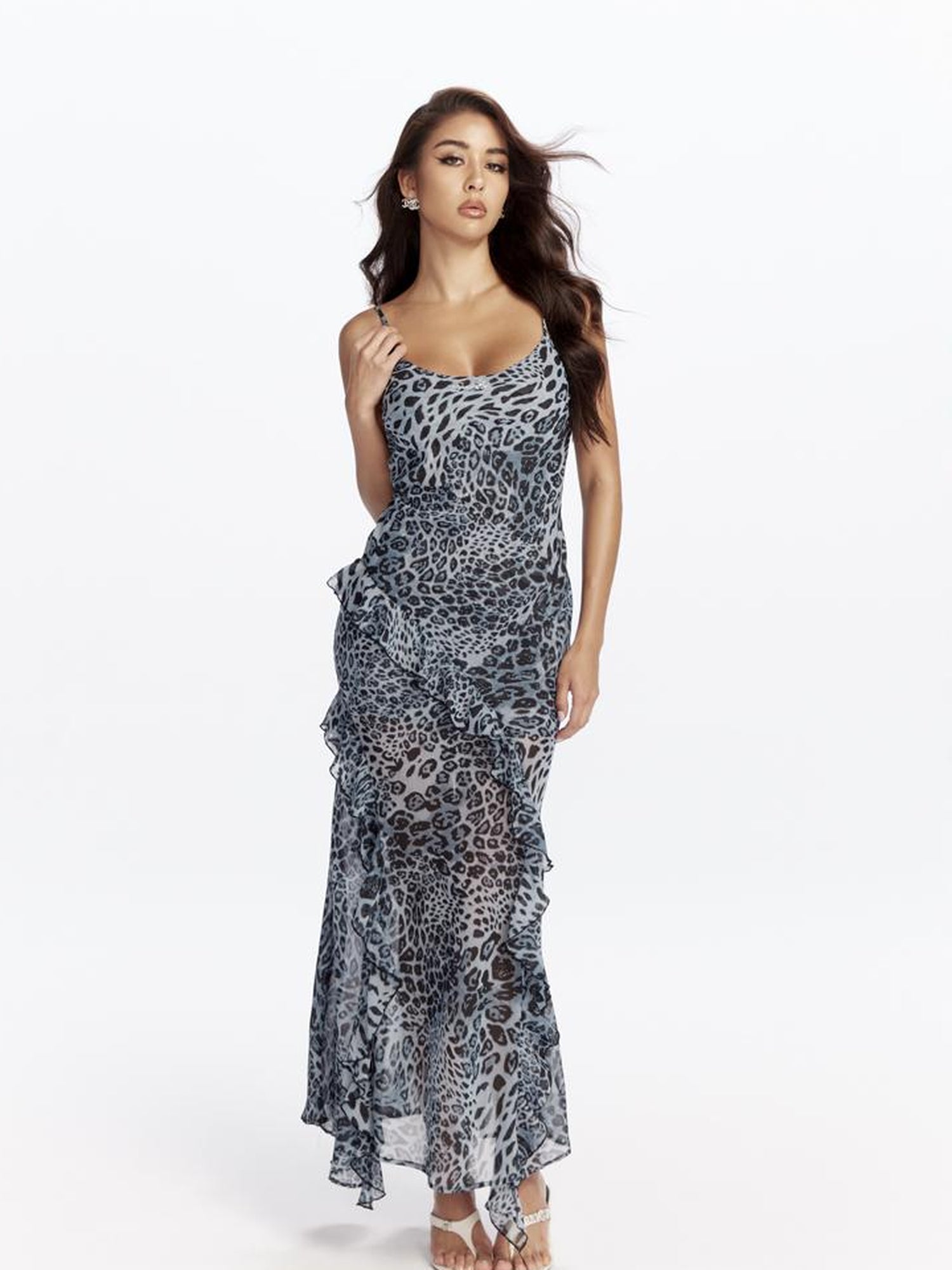 JYOSEI Blue Leopard Print Chiffon Maxi Dress with Flounce Hem