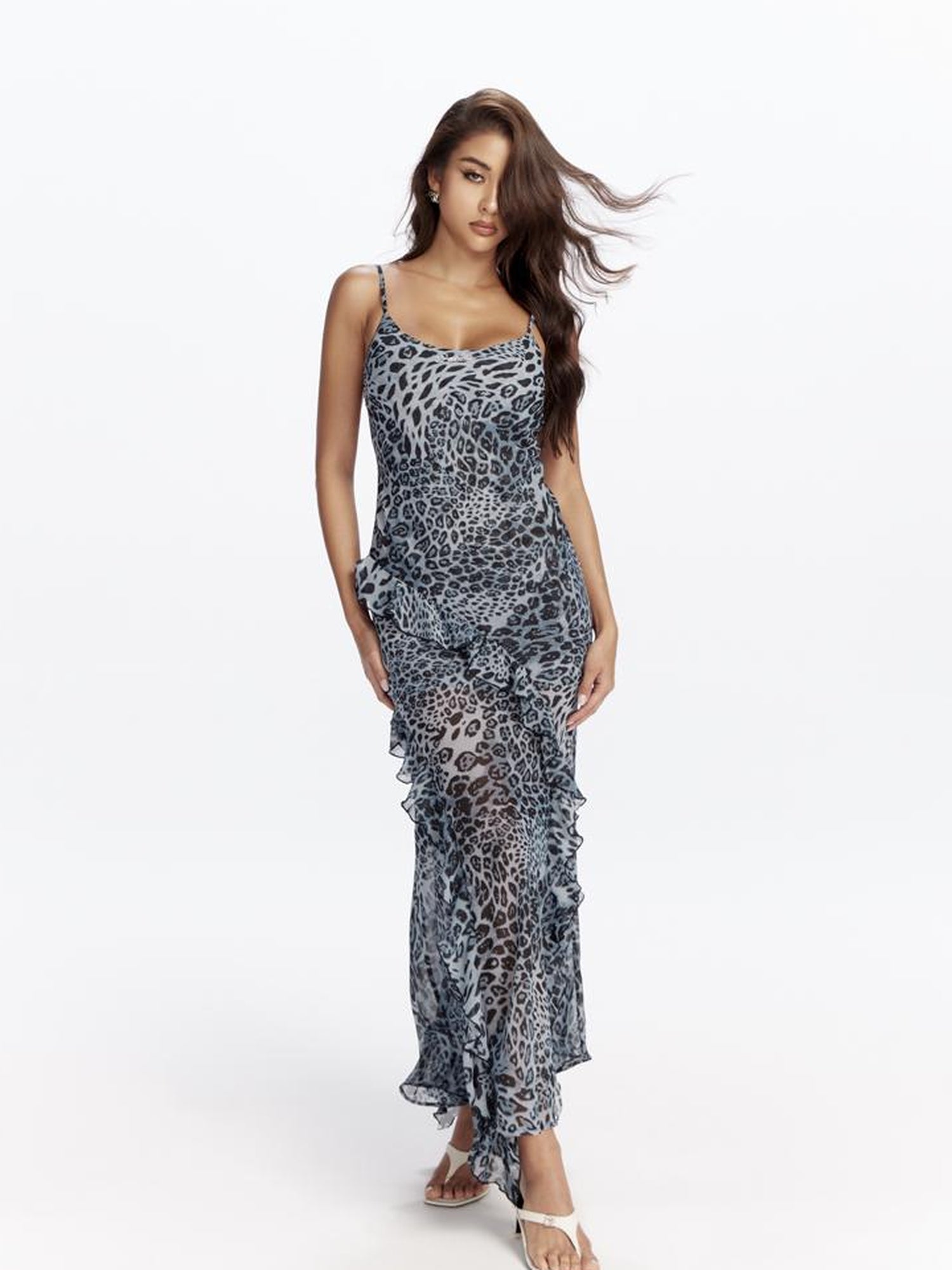 JYOSEI Blue Leopard Print Chiffon Maxi Dress with Flounce Hem