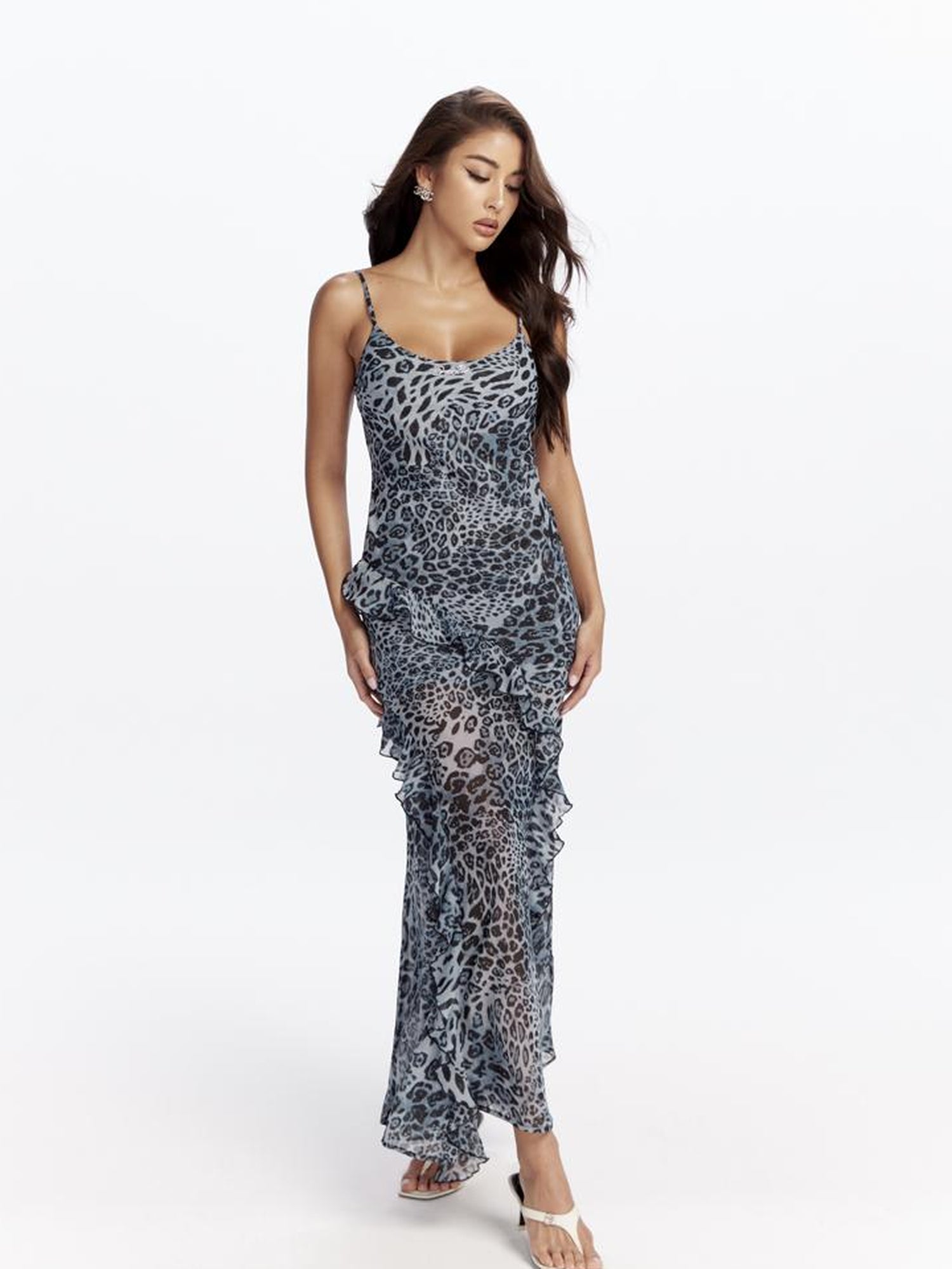 JYOSEI Blue Leopard Print Chiffon Maxi Dress with Flounce Hem