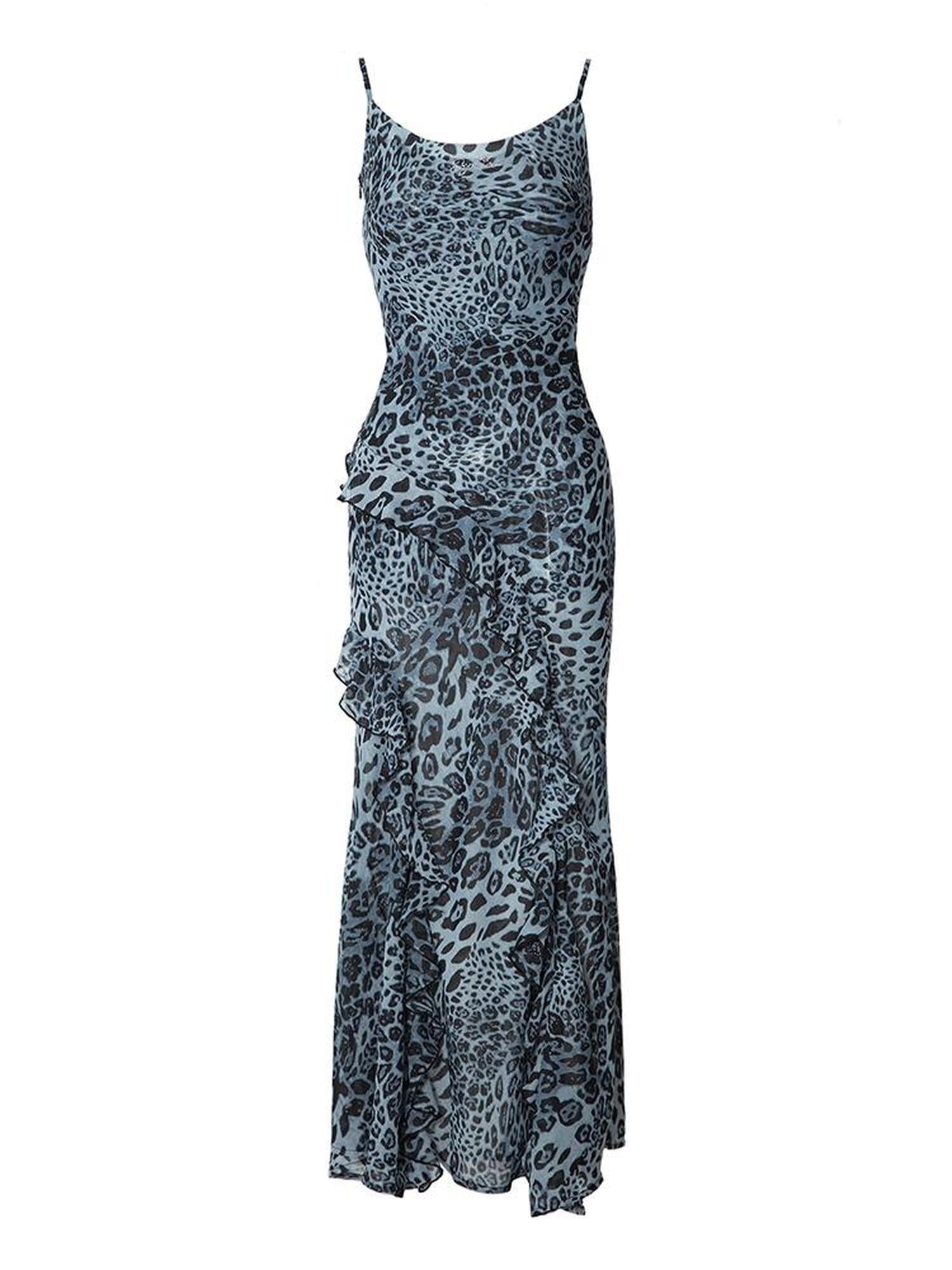 JYOSEI Blue Leopard Print Chiffon Maxi Dress with Flounce Hem