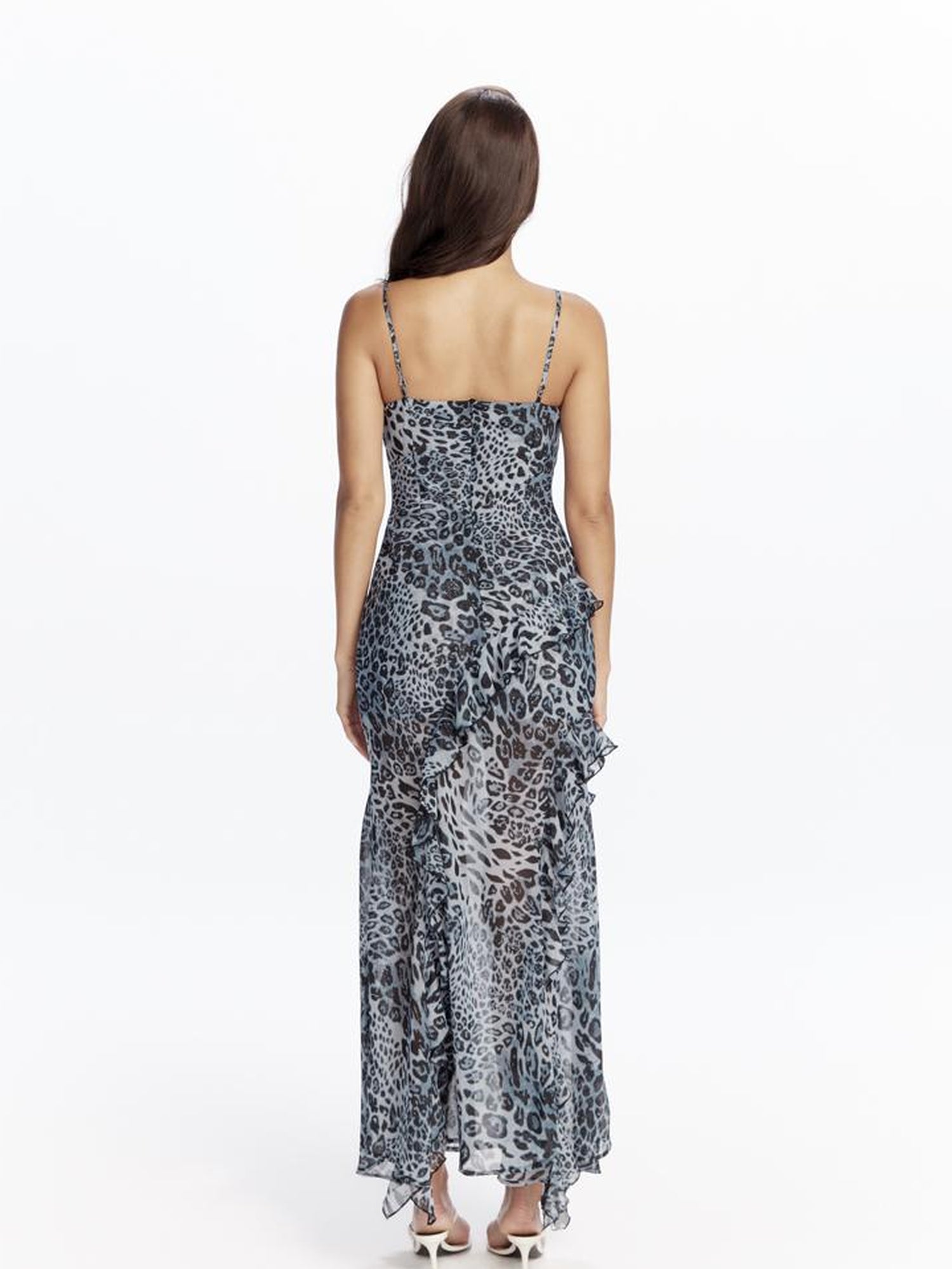 JYOSEI Blue Leopard Print Chiffon Maxi Dress with Flounce Hem