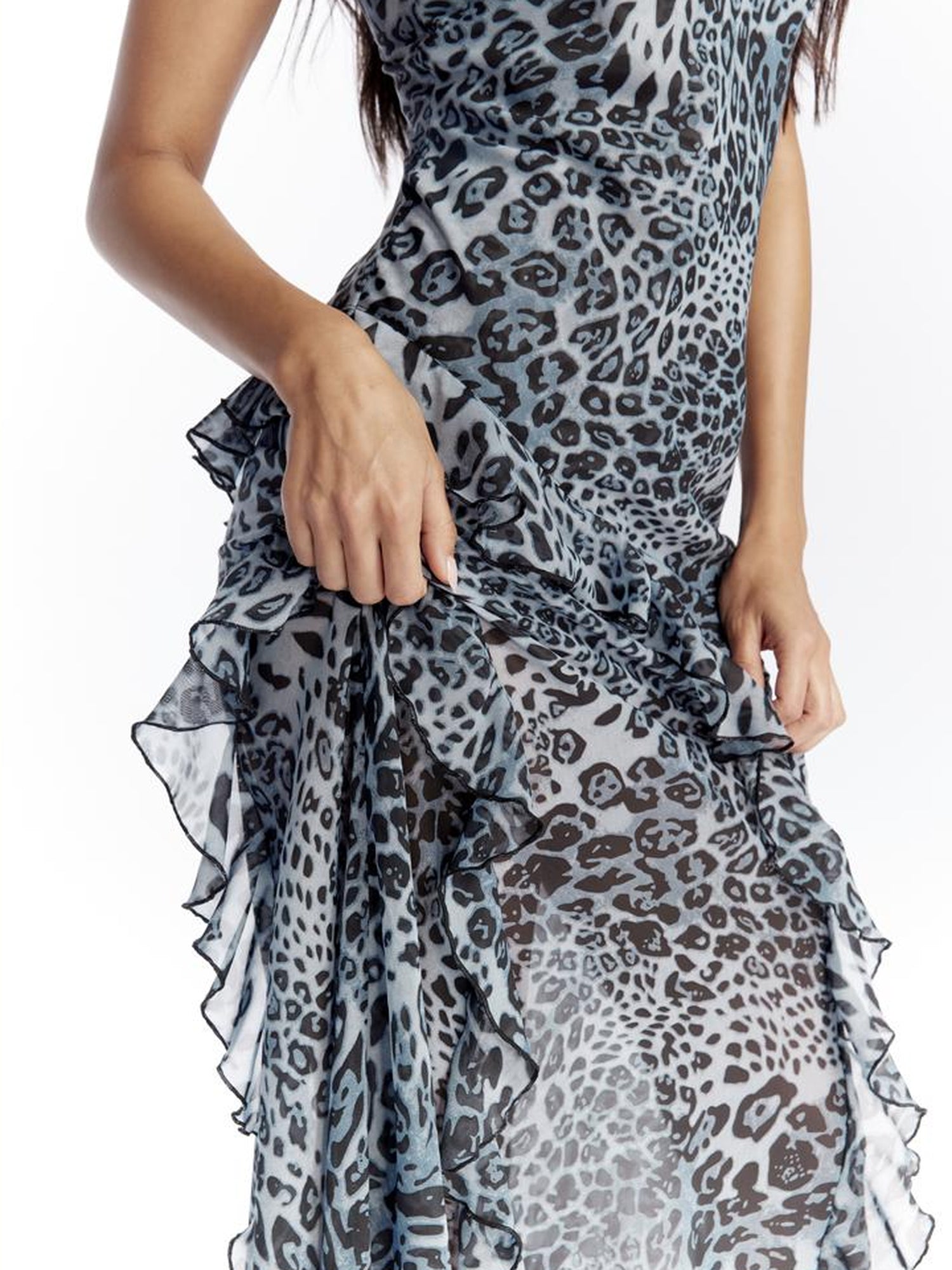 JYOSEI Blue Leopard Print Chiffon Maxi Dress with Flounce Hem