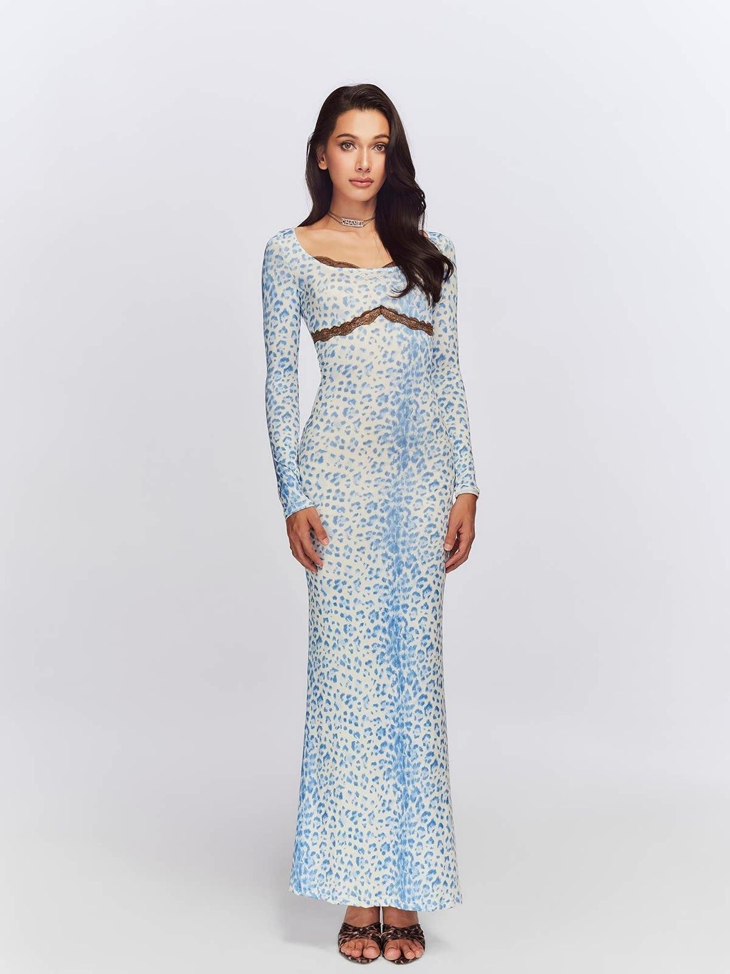 JYOSEI Blue Leopard Square Neck Long Sleeve Cinched Waist Bodycon Maxi Dresses
