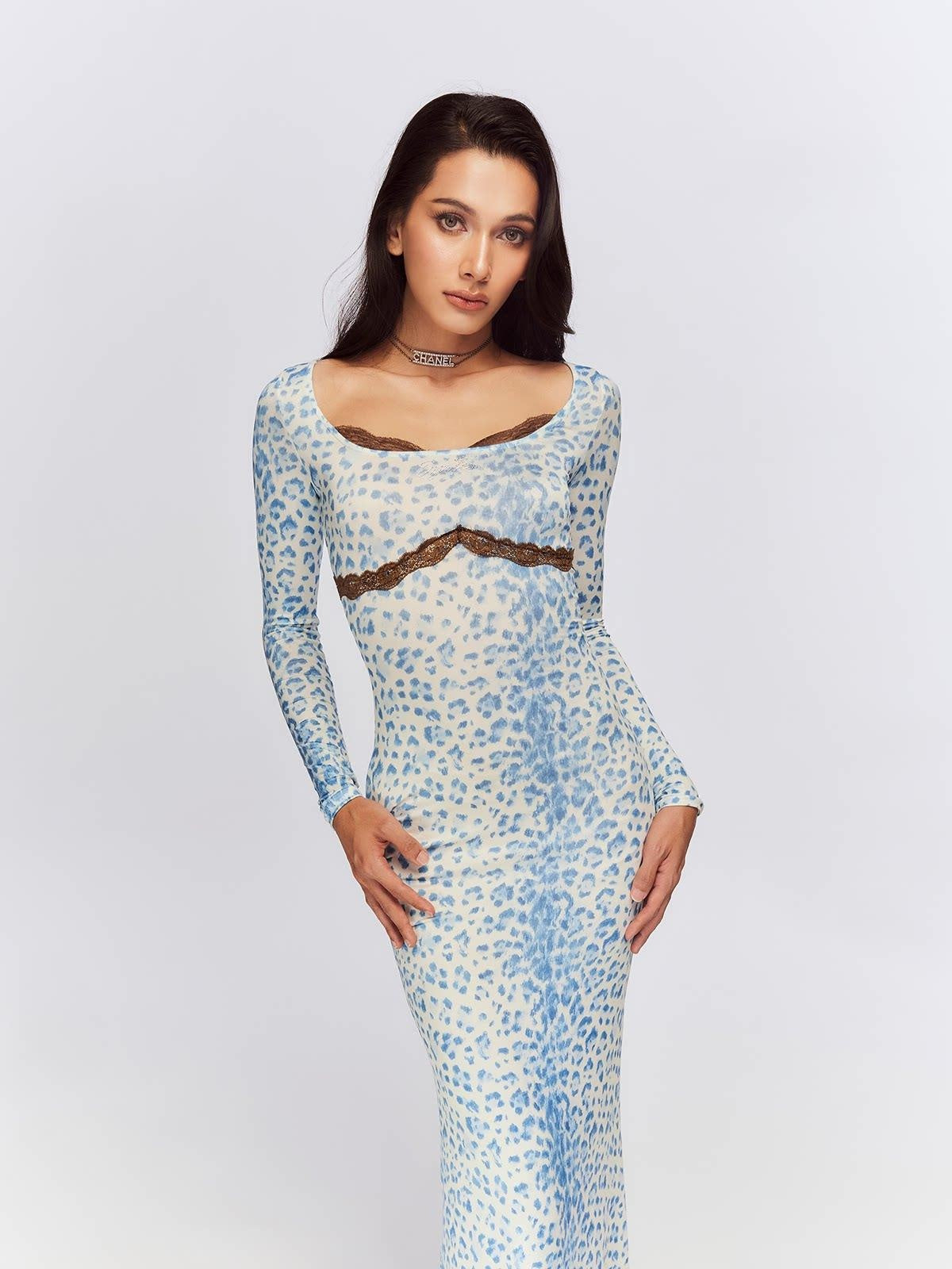 JYOSEI Blue Leopard Square Neck Long Sleeve Cinched Waist Bodycon Maxi Dresses