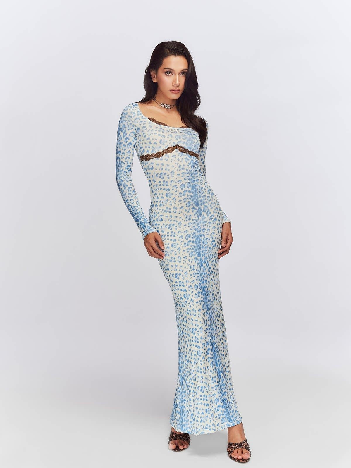 JYOSEI Blue Leopard Square Neck Long Sleeve Cinched Waist Bodycon Maxi Dresses